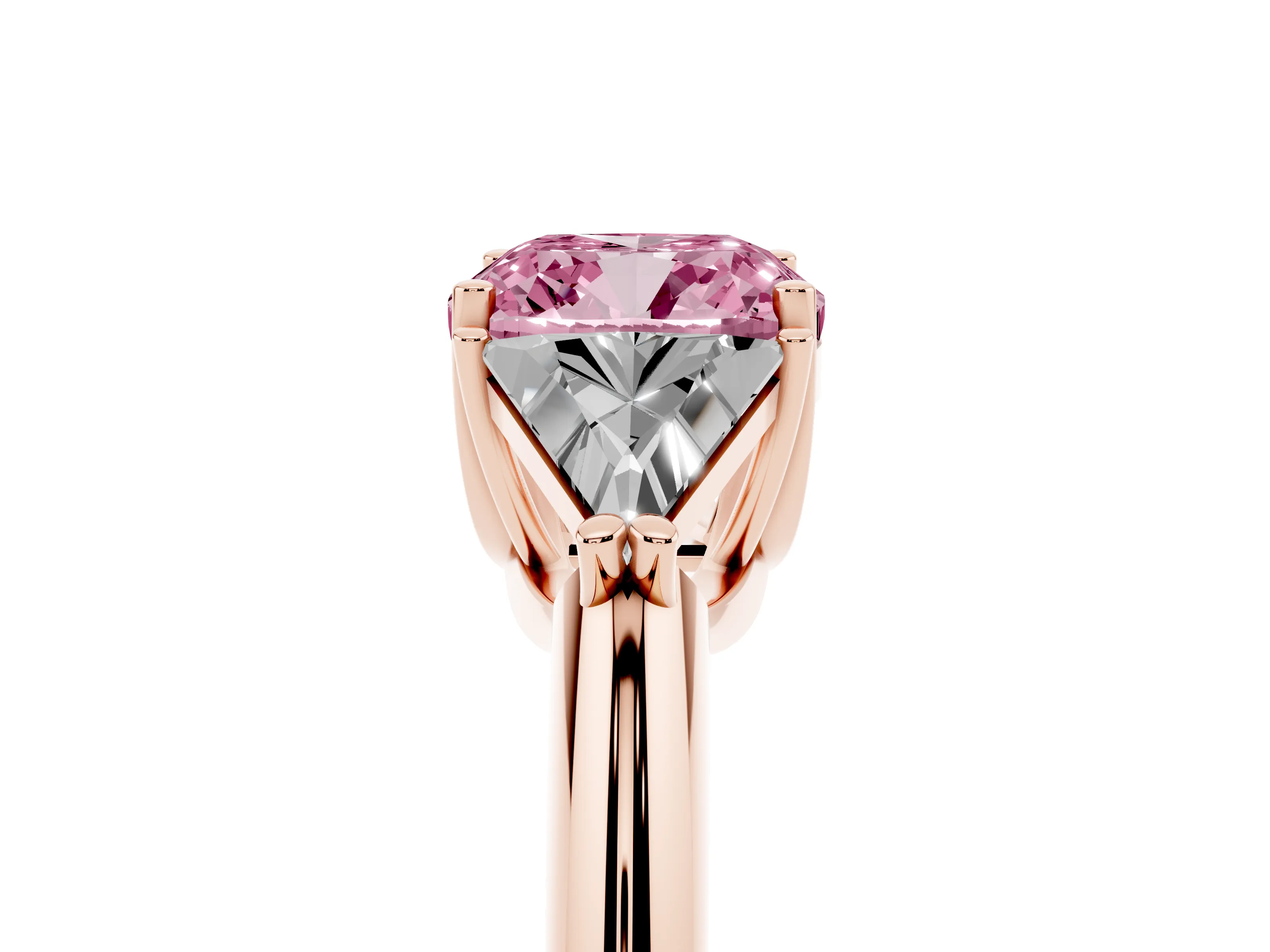 Fancy Pink Cushion Cut Diamond Three-Stone Engagement Ring Set in Rose gold with Trillion Side Stones