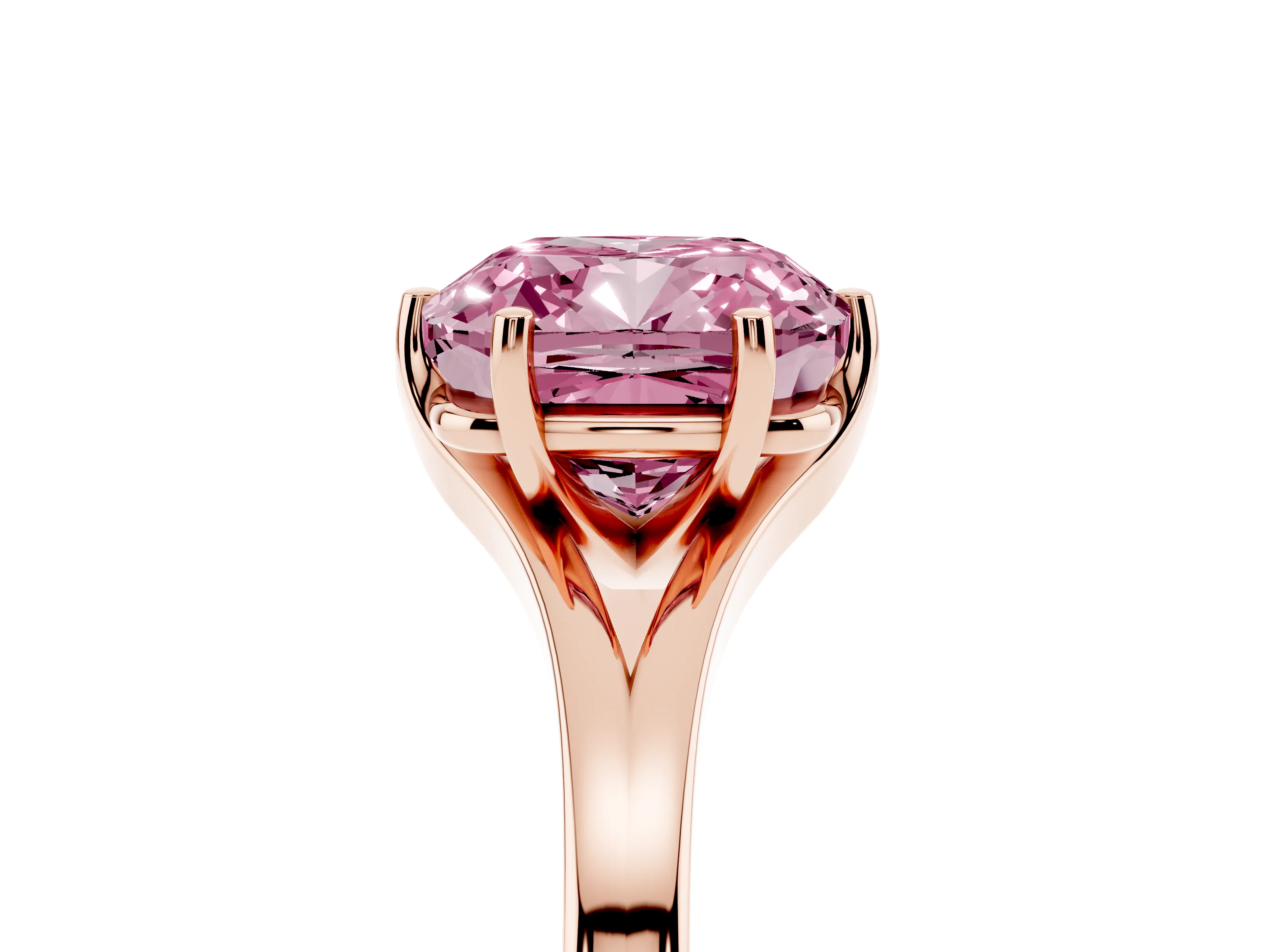 Fancy Pink Cushion Cut Diamond Solitaire Ring Set in Rose gold with Polished Tapered Band and Prong Setting