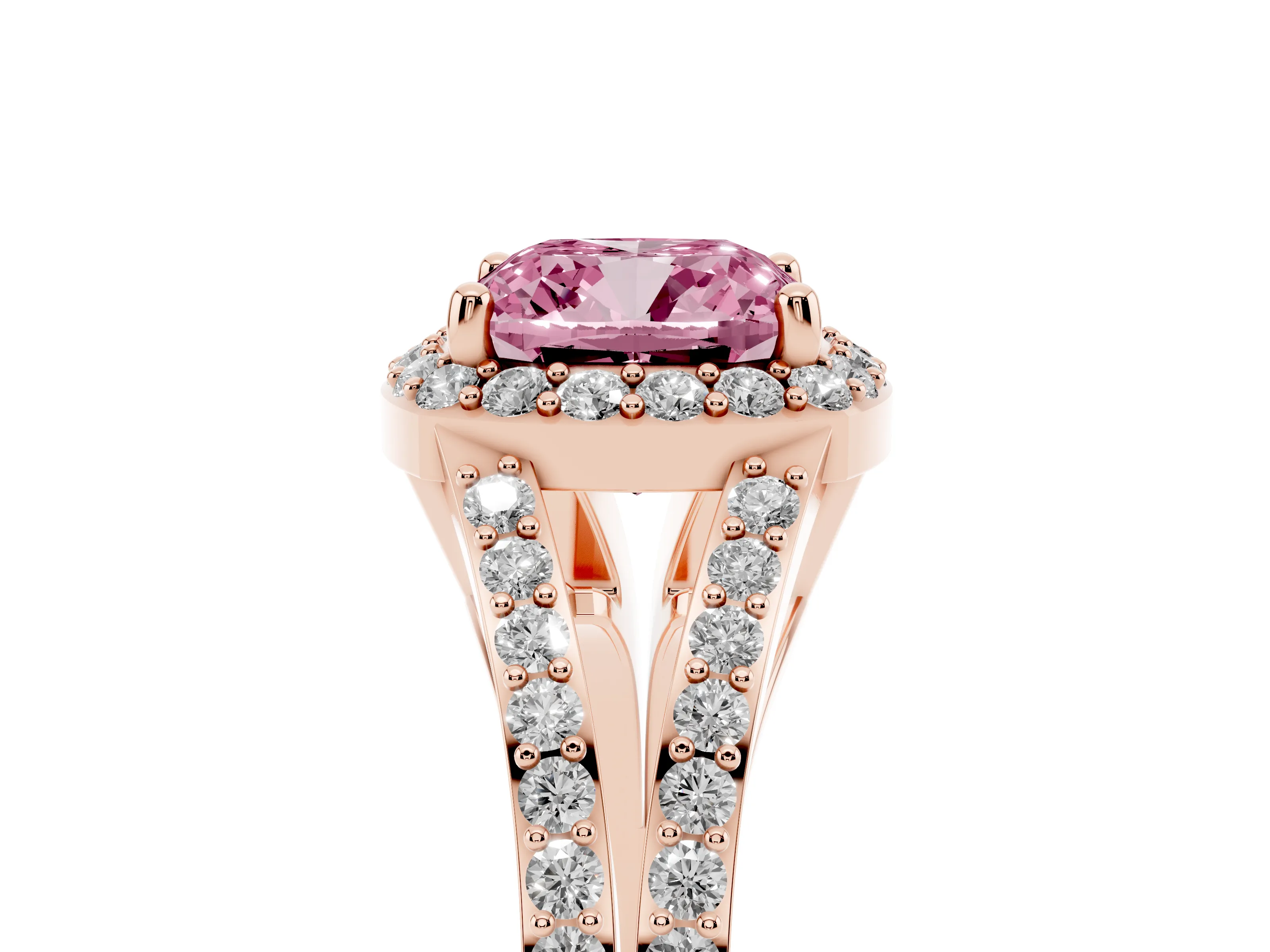 Fancy Pink Cushion Cut Diamond Halo Split Shank Ring Set in Rose gold with Accent Stones and Prong Setting