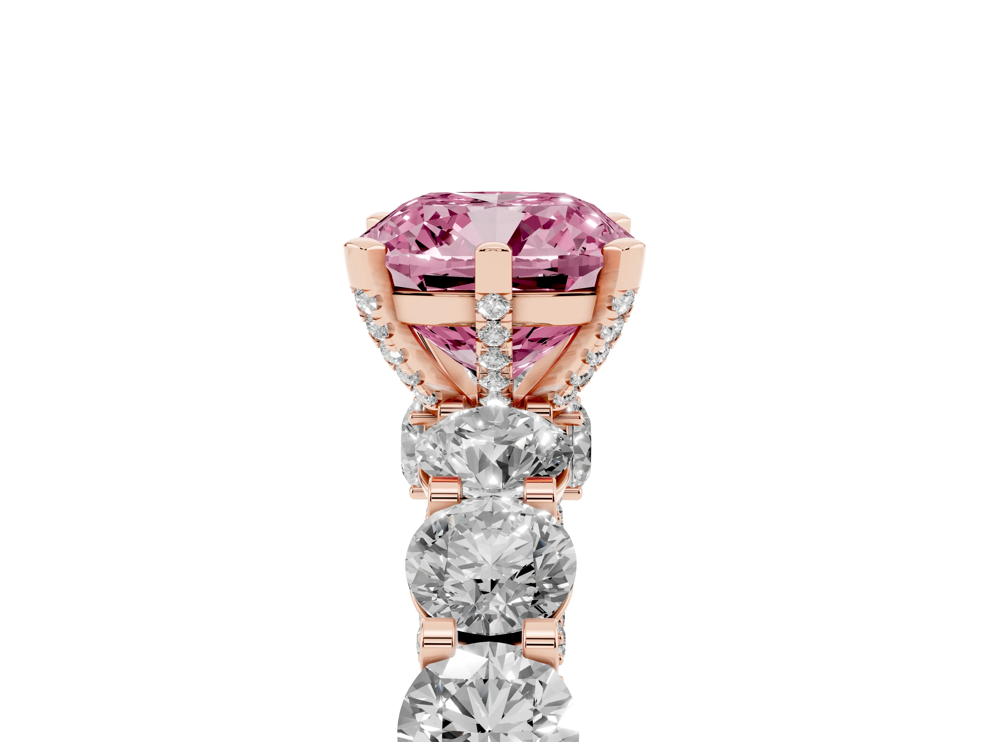 Fancy Pink Cushion Cut Diamond Side Stone Ring Set in Rose gold with Alternating Round and Oval Side Stones