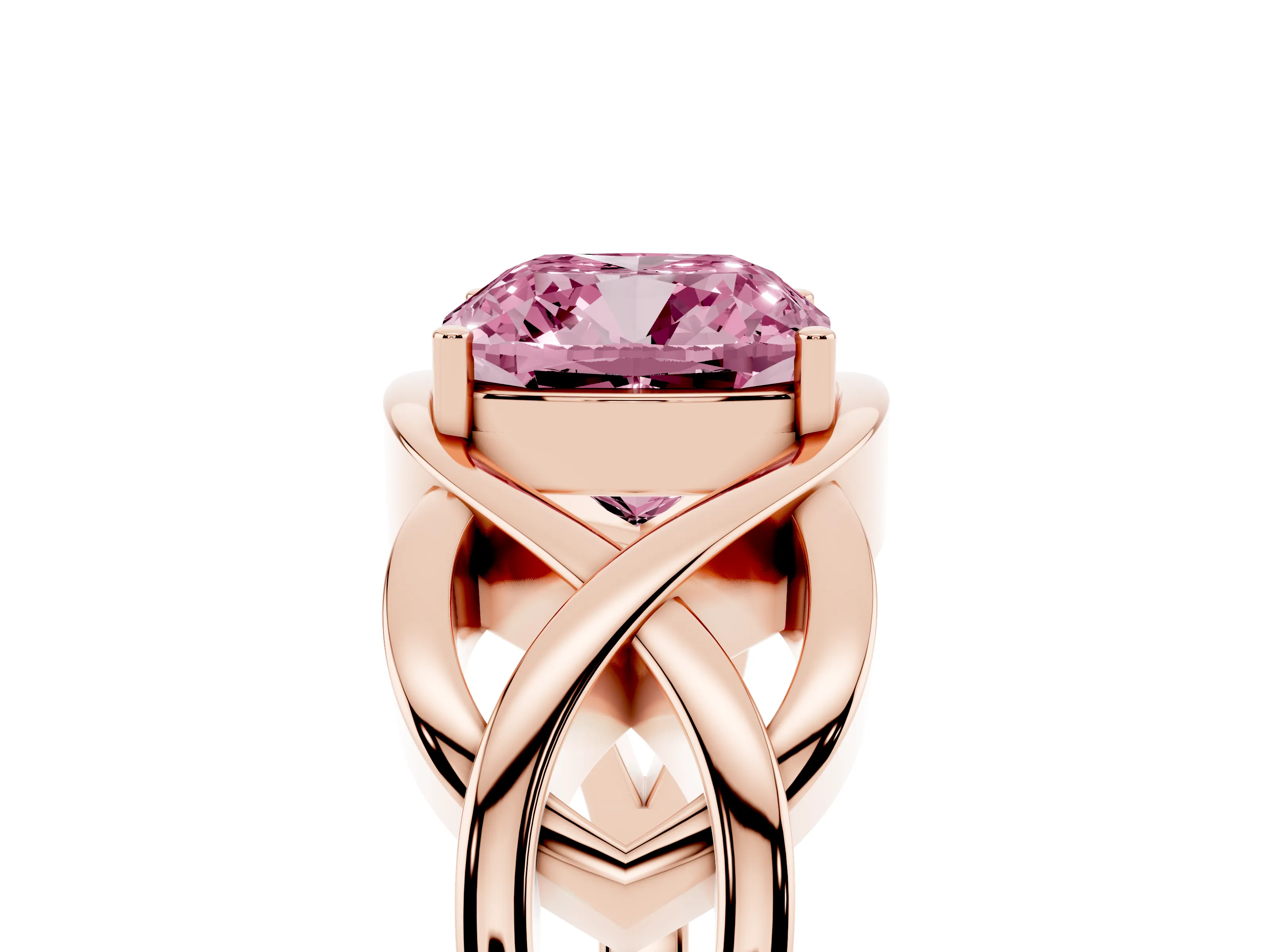 Fancy Pink Cushion Cut Diamond Solitaire Ring Set in Rose gold with Intertwined Band