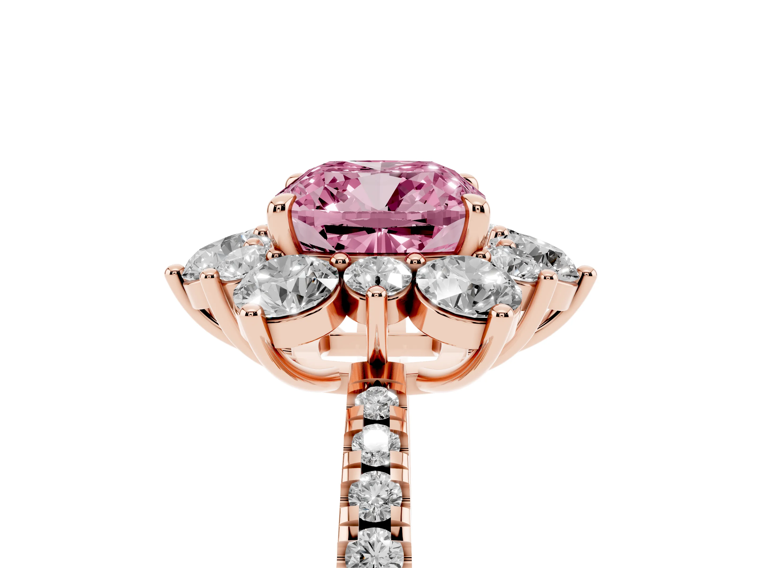 Fancy Pink Cushion Cut Diamond Floral Halo Ring Set in Rose gold with Round Pavé Band and Prong Setting