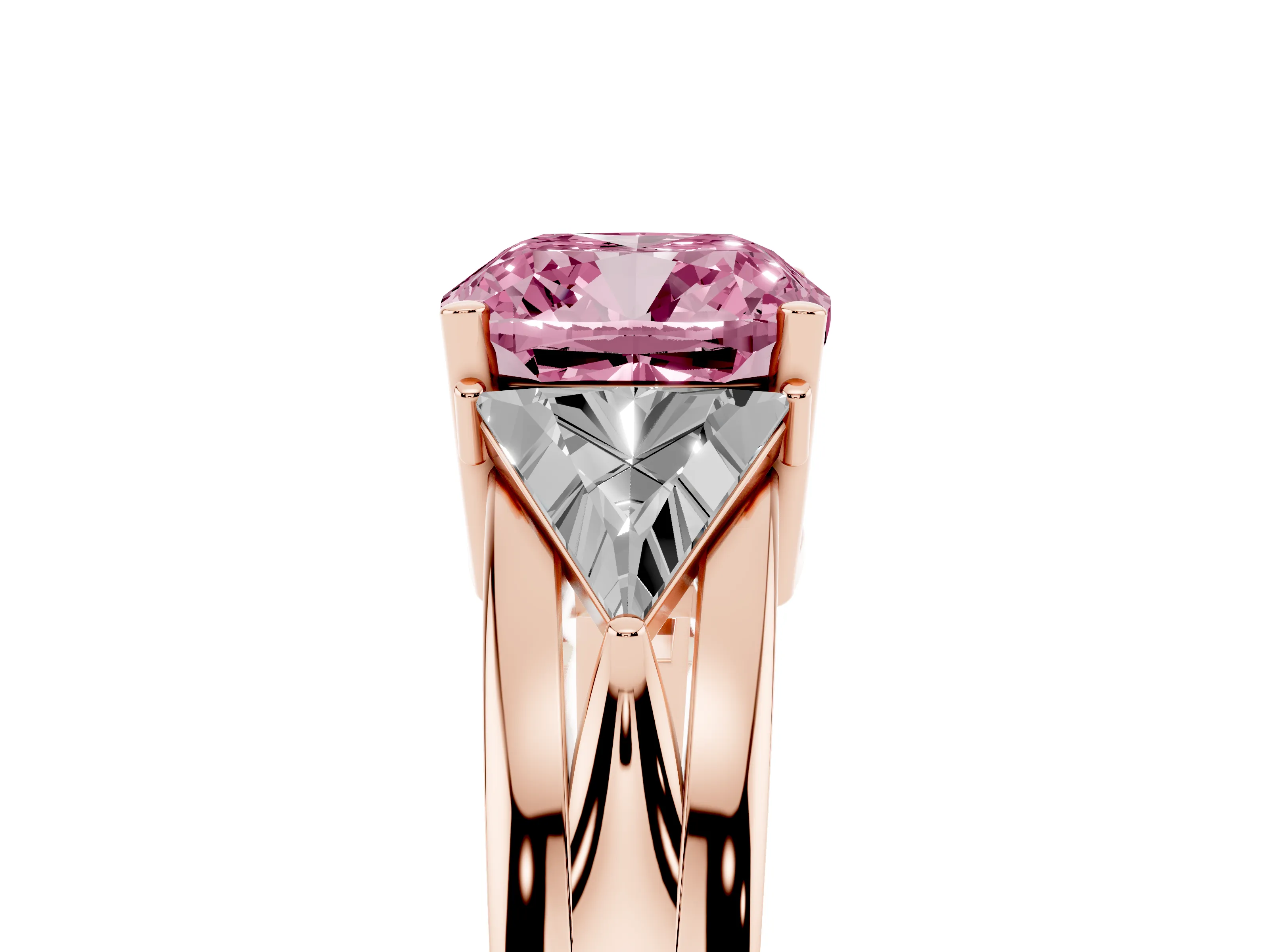 Fancy Pink Cushion Cut Diamond Three-Stone Ring Set in Rose gold with Trillion Side Stones and Split Shank