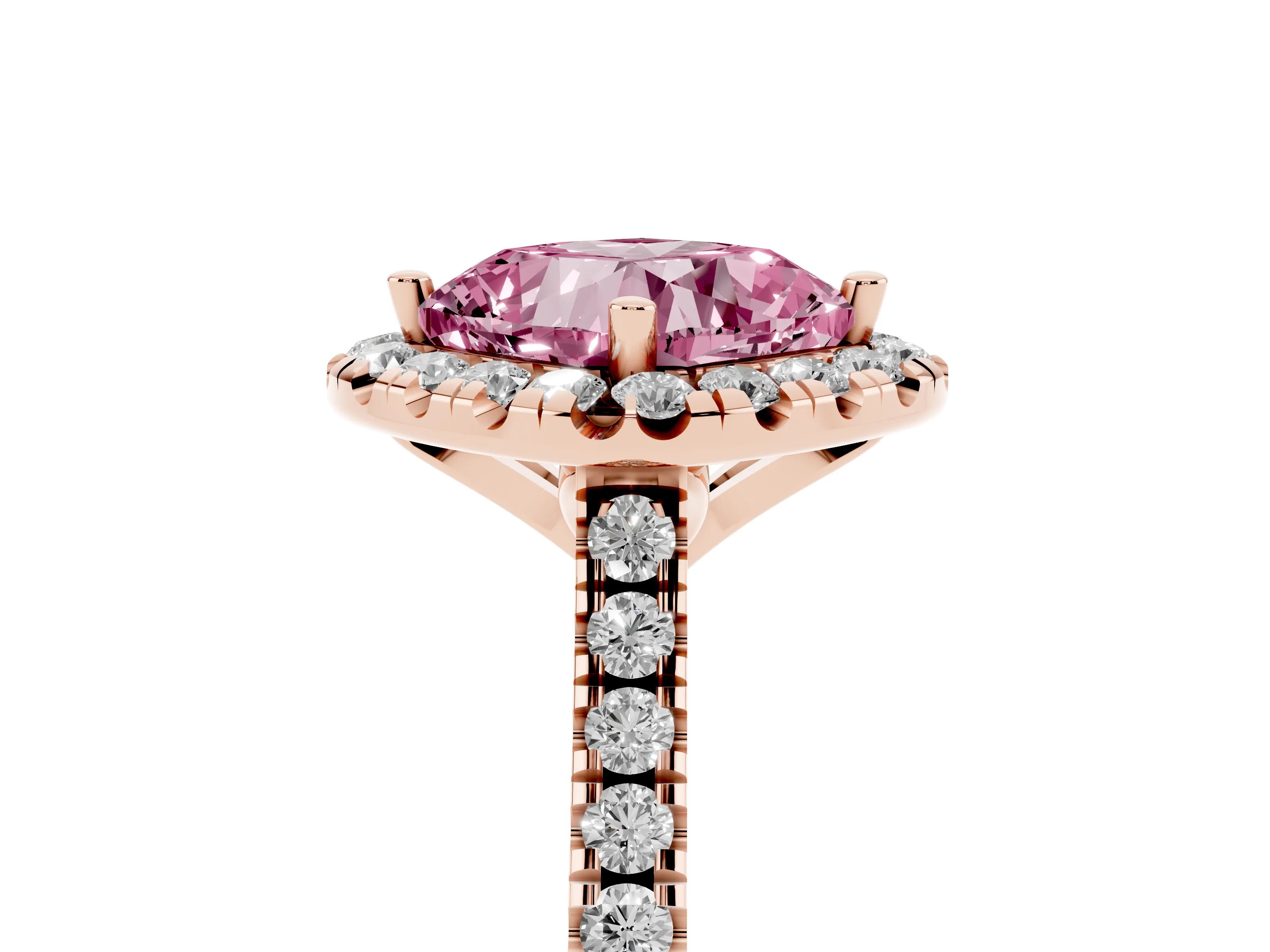 Fancy Pink Cushion Cut Diamond Cushion Halo Ring Set in Rose gold with Pavé Band