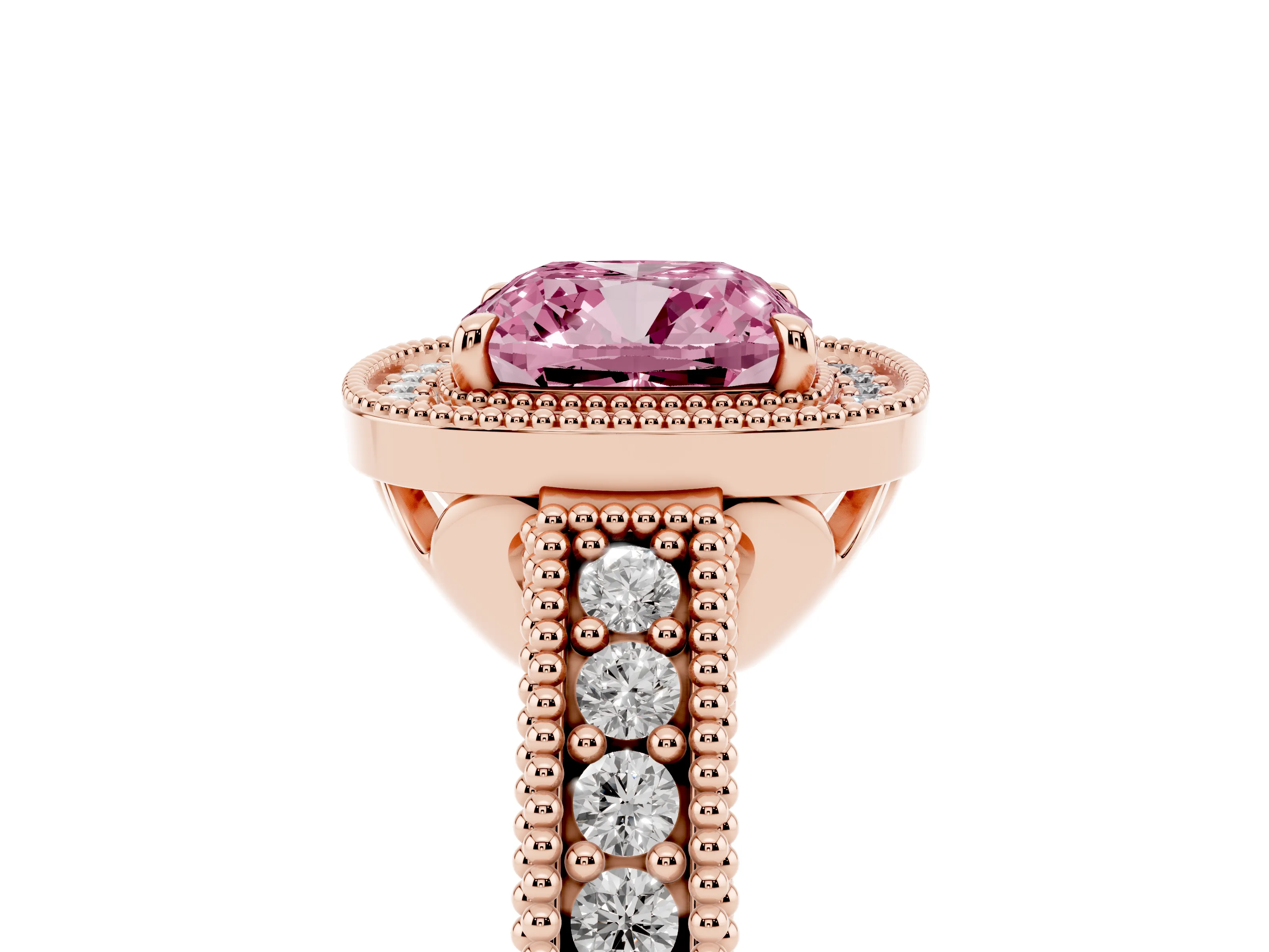 Fancy Pink Cushion Cut Diamond Halo Ring Set in Rose gold with Round Accent Halo, Pavé Band and Prong Setting