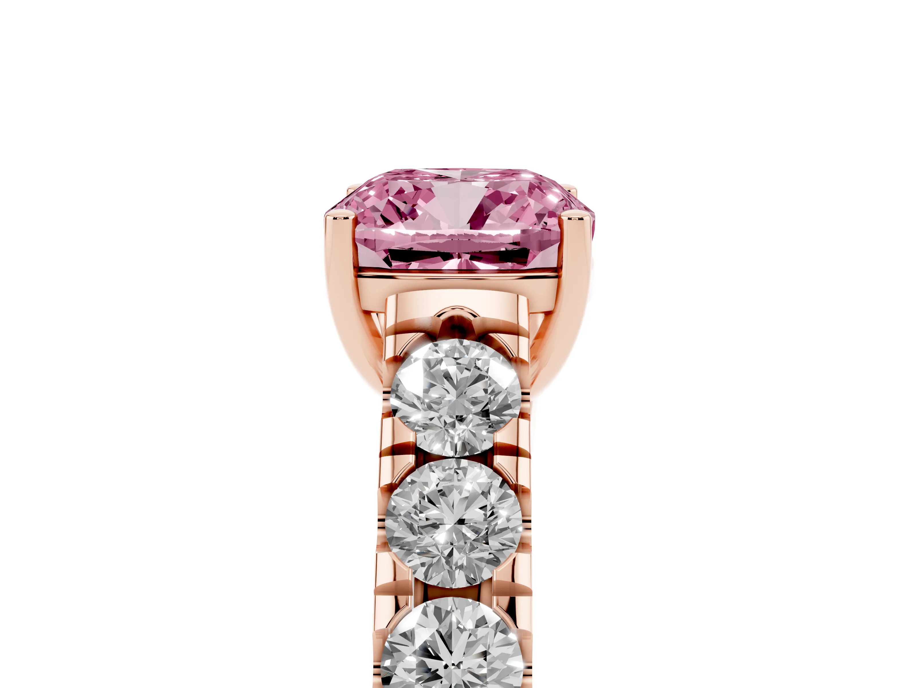 Fancy Pink Cushion Cut Diamond Solitaire Ring Set in Rose gold with Cut-Down Micro Pavé Band and Prong Setting