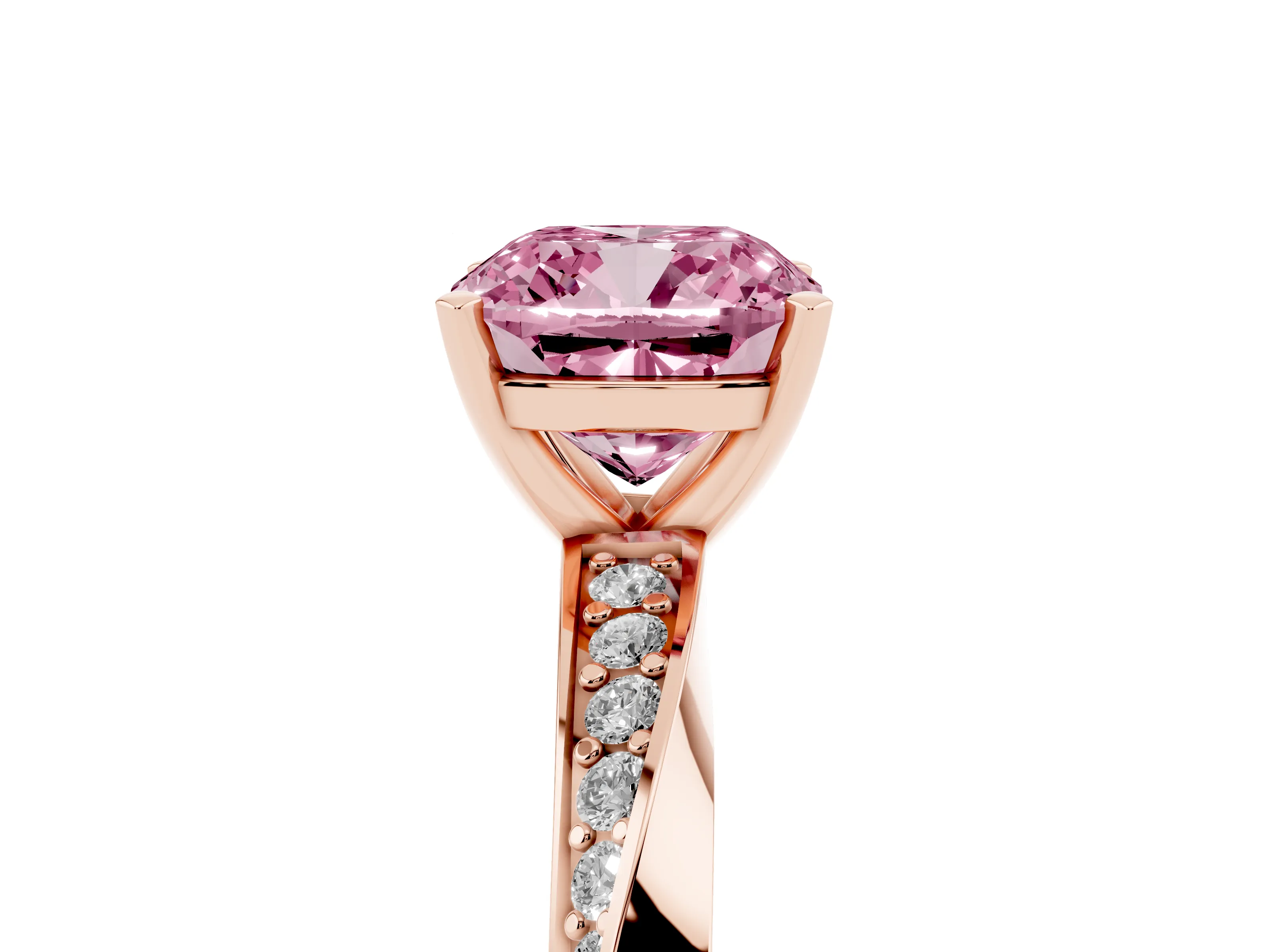 Fancy Pink Cushion Cut Diamond Engagement Ring Set in Rose gold with Side Stone Accents and Prong Setting