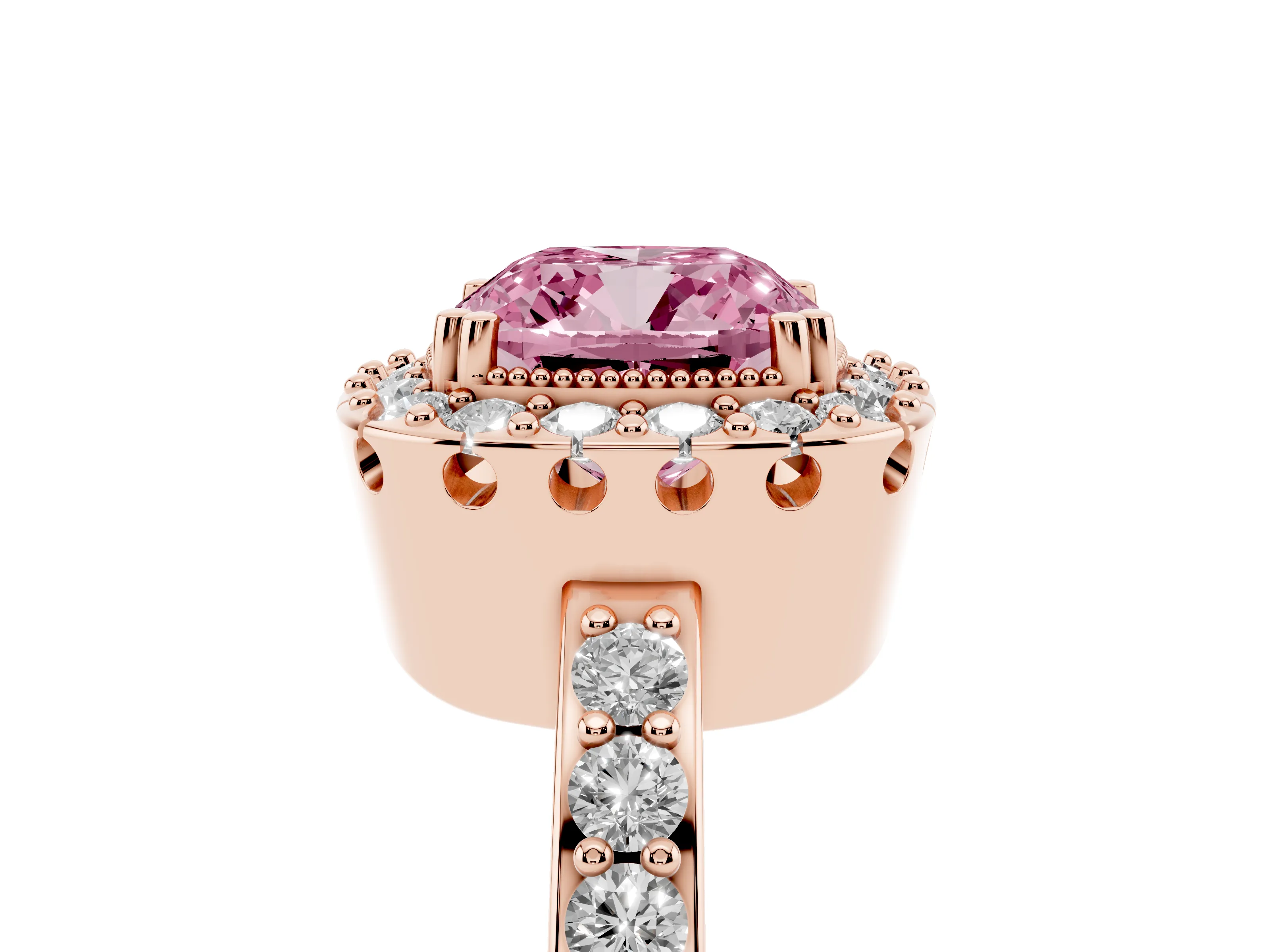 Fancy Pink Cushion Cut Diamond Halo Ring Set in Rose gold with Pavé Shank and Prong Setting