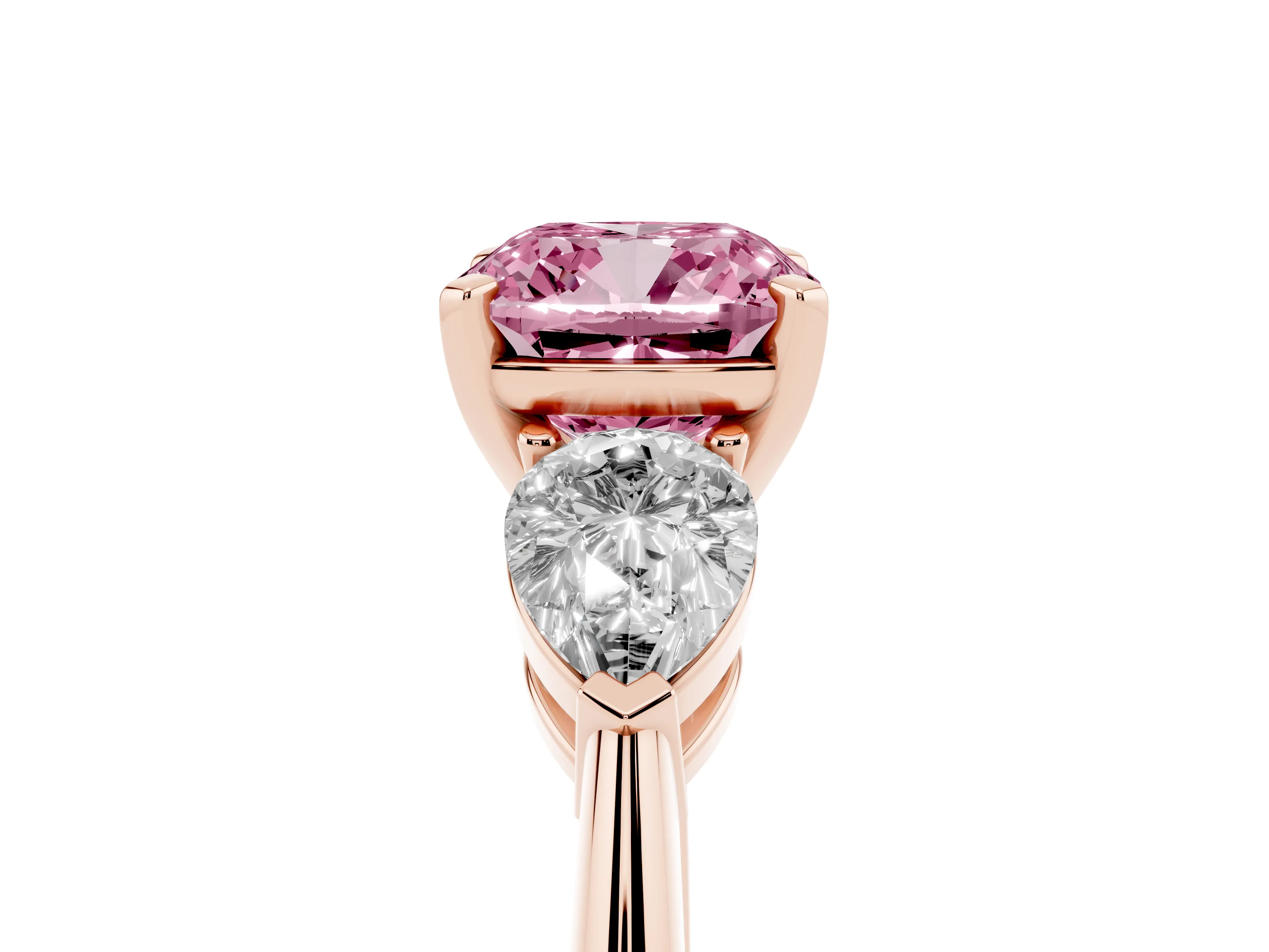 Fancy Pink Three-Stone Cushion Cut Diamond Ring Set in Rose gold with Pear Side Stones and Prong Setting