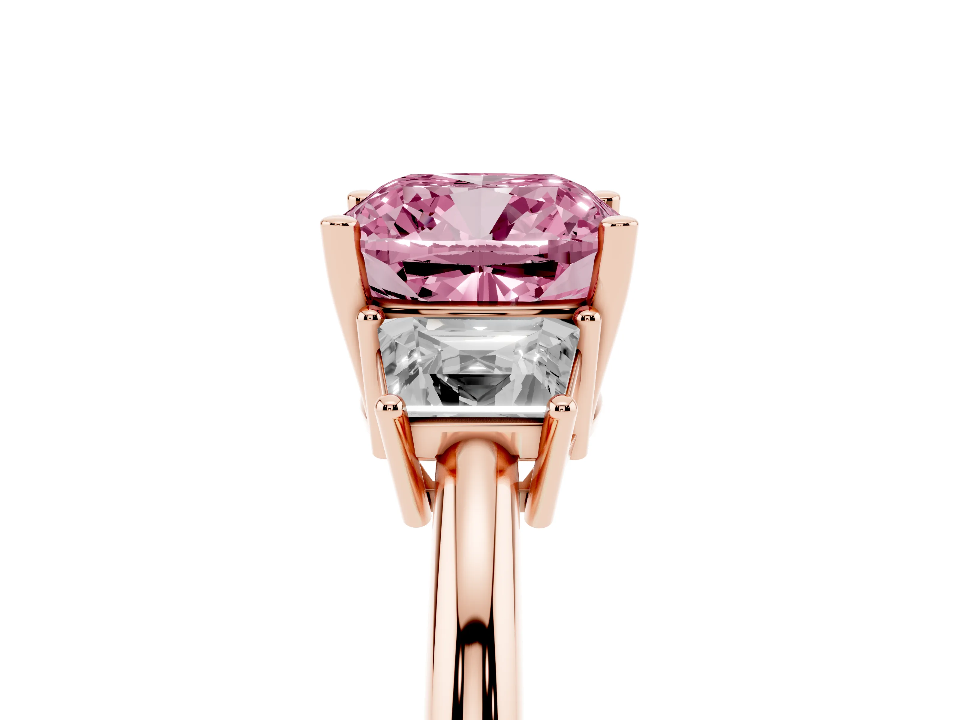 Fancy Pink Cushion Cut Diamond Three-Stone Ring Set in Rose gold with Trapezoid Side Stones and Prong Setting