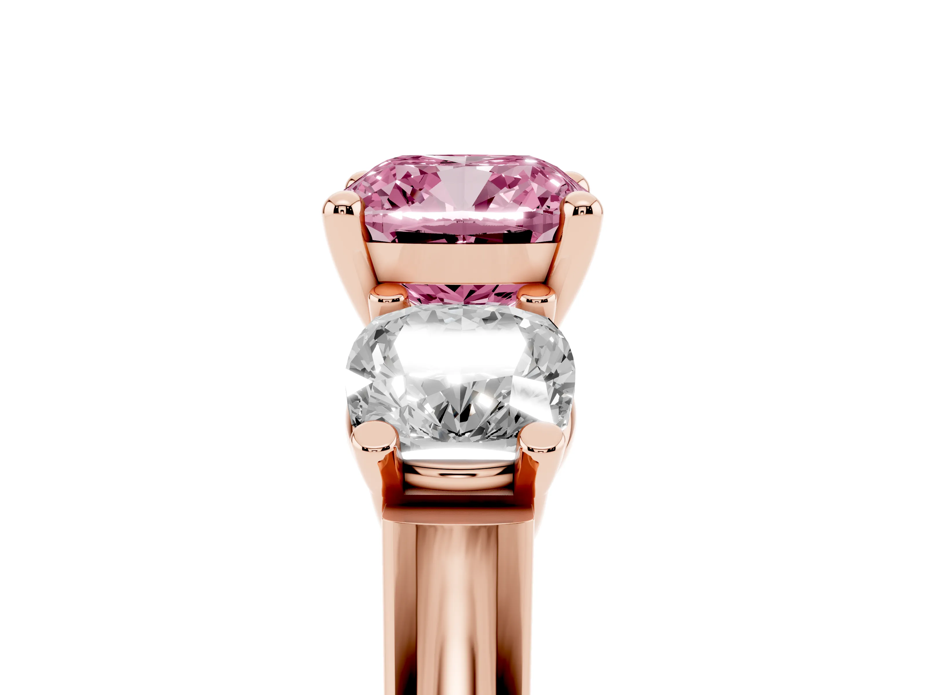 Fancy Pink Cushion Cut Diamond Three-Stone Trellis Ring Set in Rose gold with Comfort Fit Band