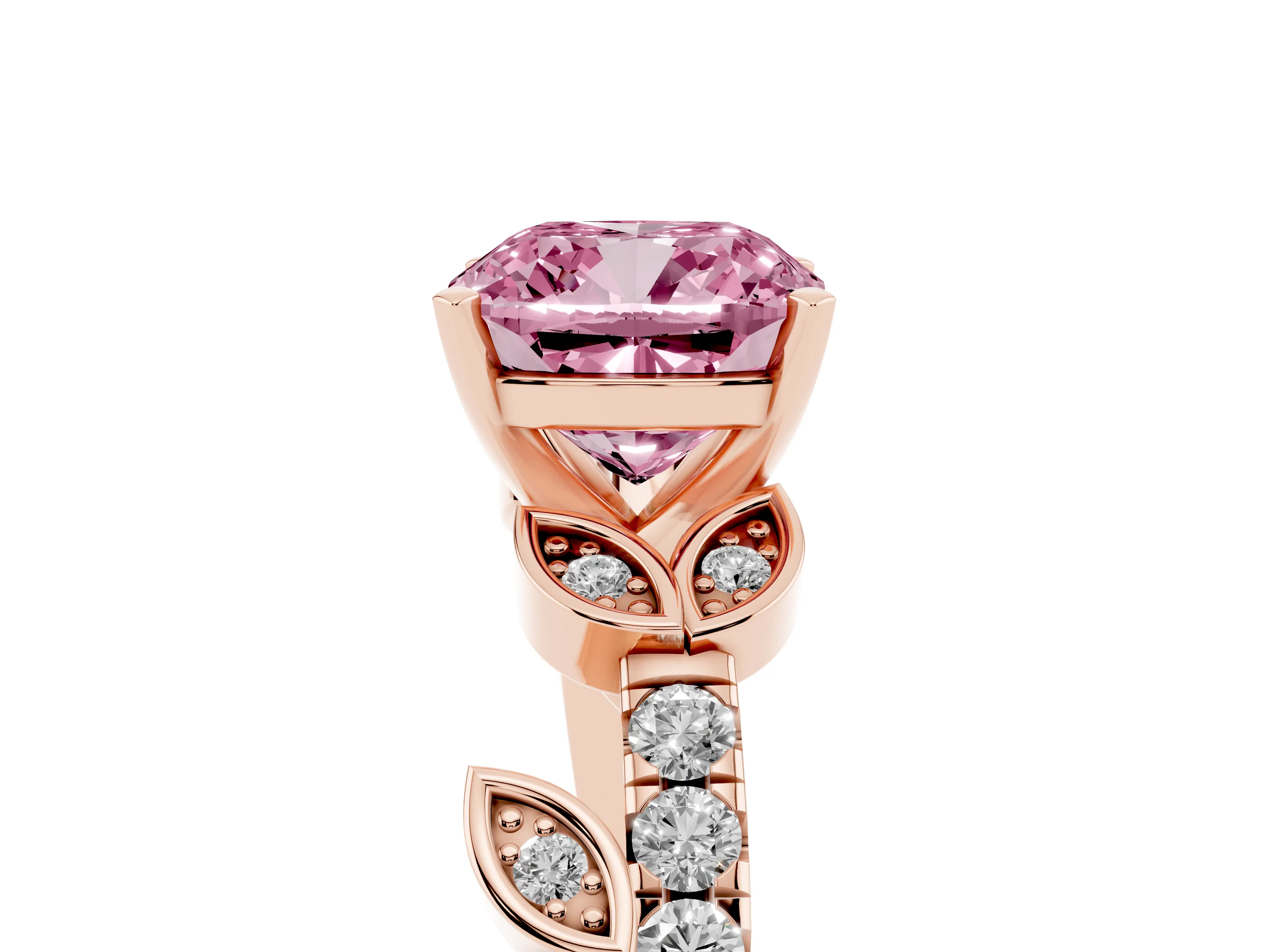 Fancy Pink Cushion Cut Diamond Solitaire Leaf-Inspired Ring Set in Rose gold with Pavé Band and Prong Setting