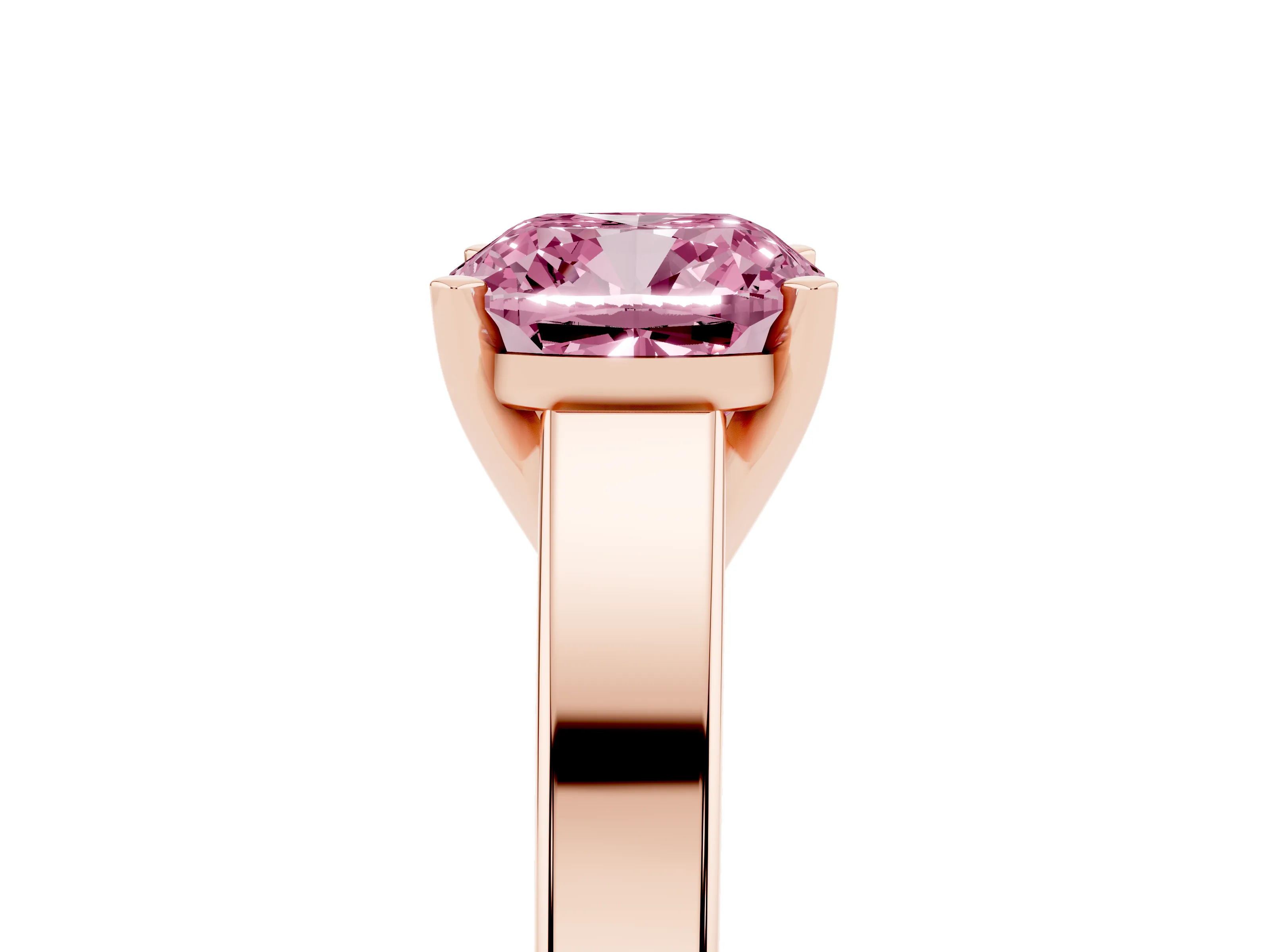 Fancy Pink Cushion Cut Diamond Solitaire Engagement Ring Set in Rose gold with Prong Setting and Tapered Band