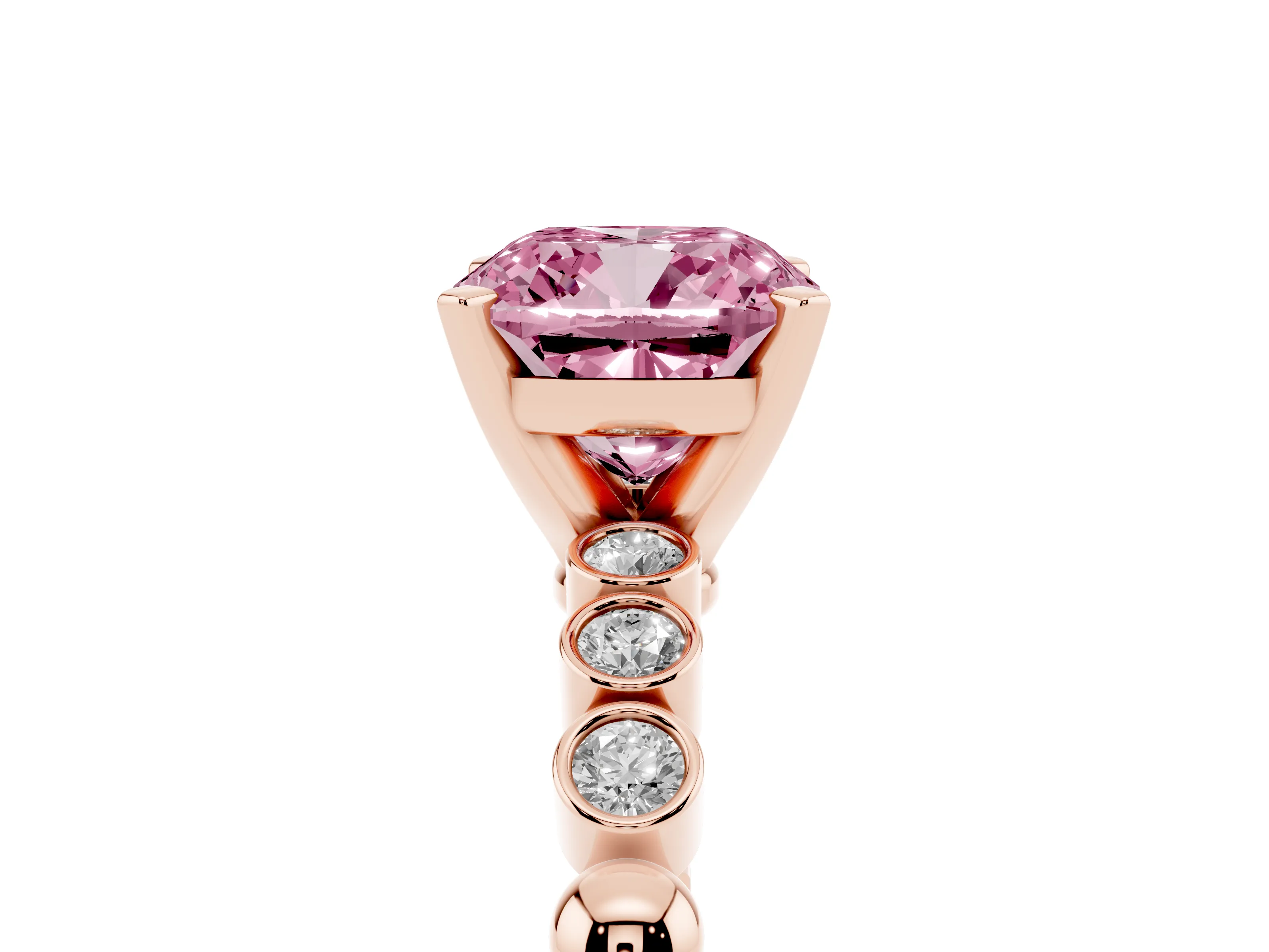 Fancy Pink Cushion Cut Diamond Solitaire Engagement Ring Set in Rose gold with Bezel Accents on Beaded Band