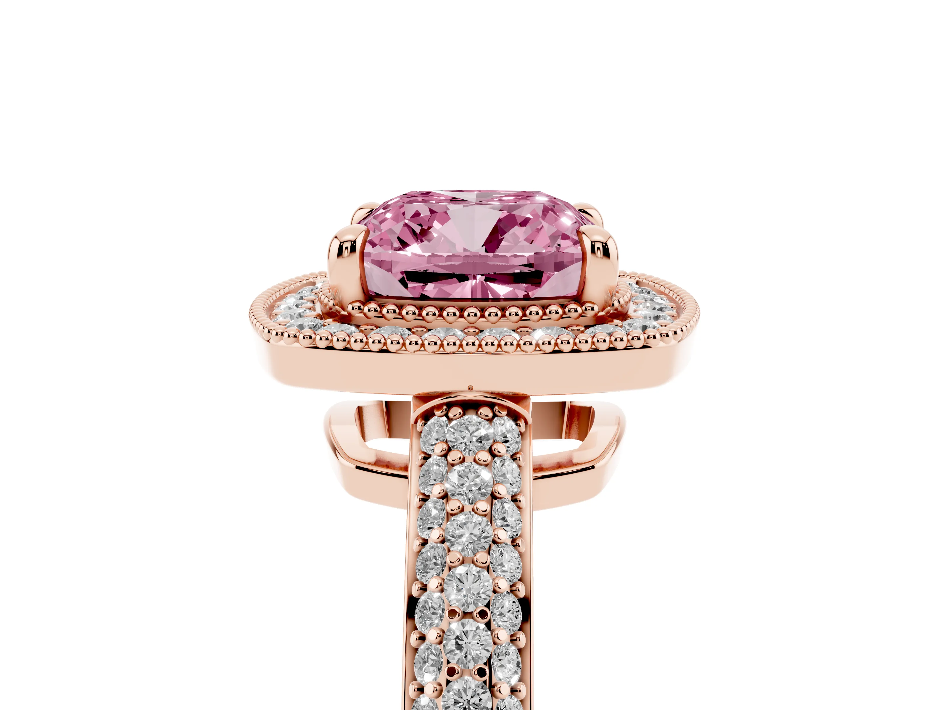 Fancy Pink Cushion Cut Diamond Halo Pavé Band Set in Rose gold with Prong Setting