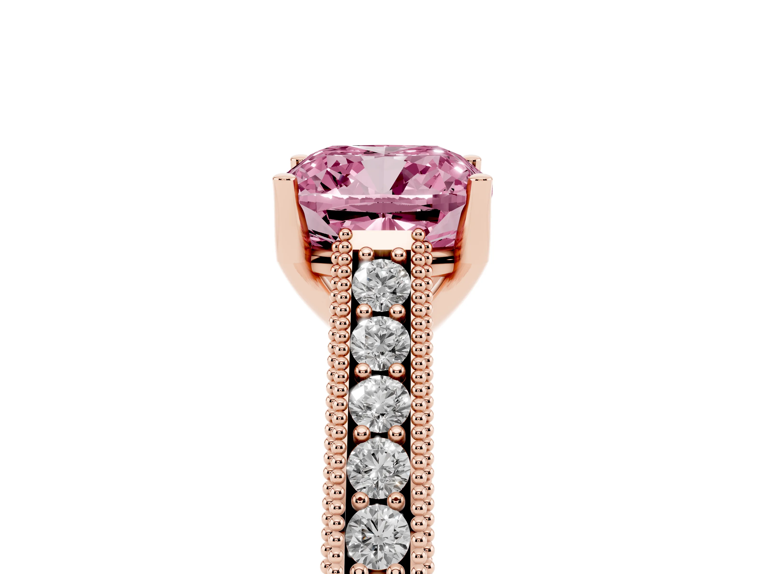 Fancy Pink Cushion Cut Diamond Milgrain Pavé Band Solitaire Ring Set in Rose gold with Prong Setting