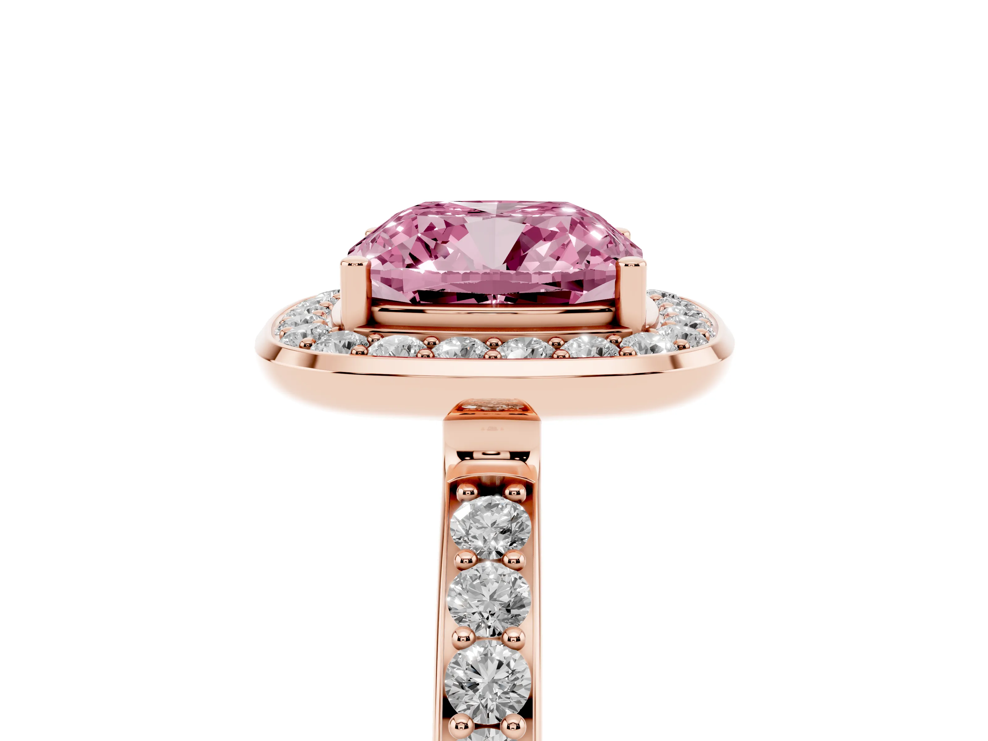 Fancy Pink Cushion Cut Diamond Halo Ring Set in Rose gold with Bezel Frame and Pavé Band