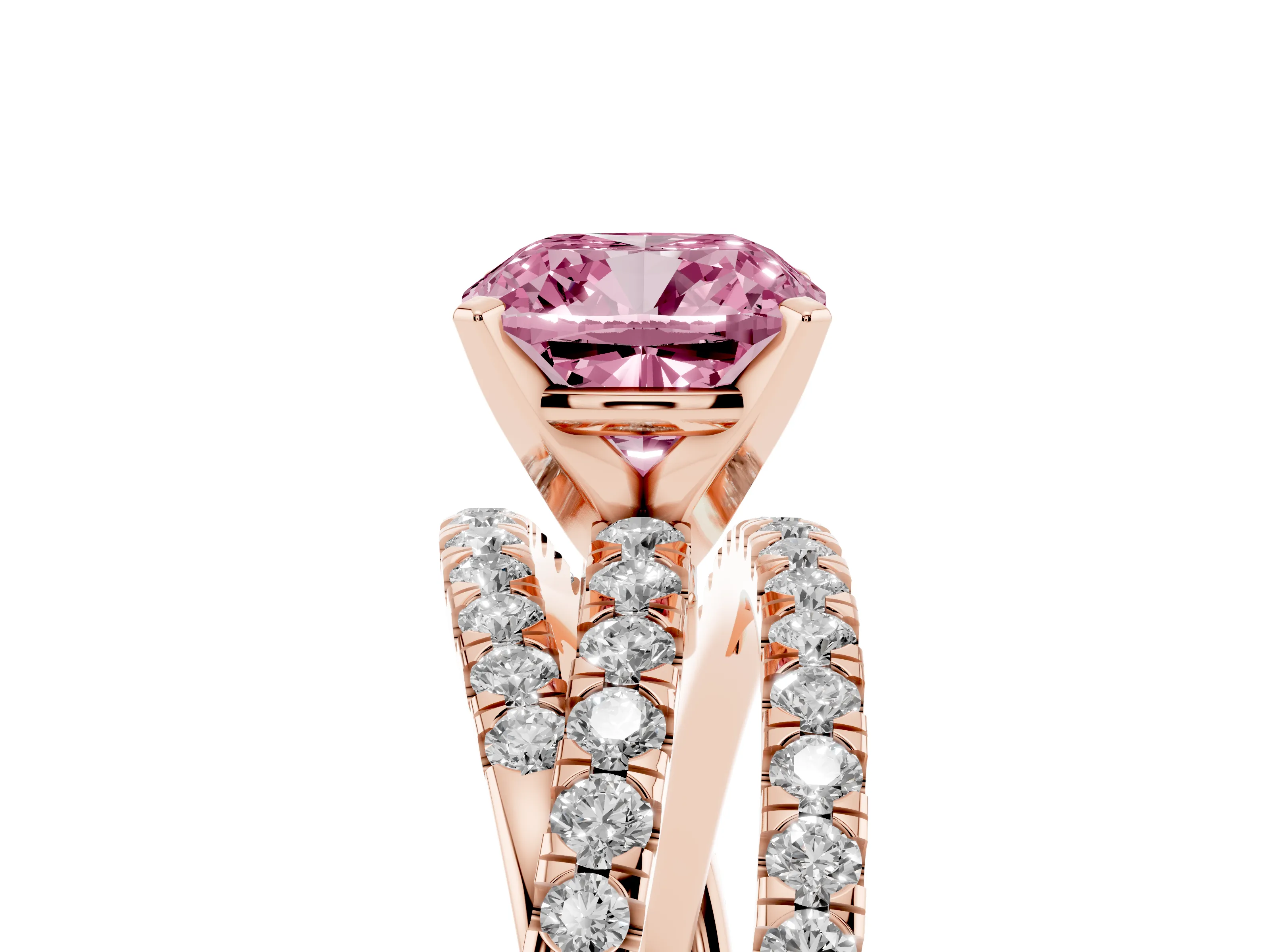 Fancy Pink Cushion Cut Diamond Solitaire Twist Band Ring Set in Rose gold with Pavé Setting and Prong Head