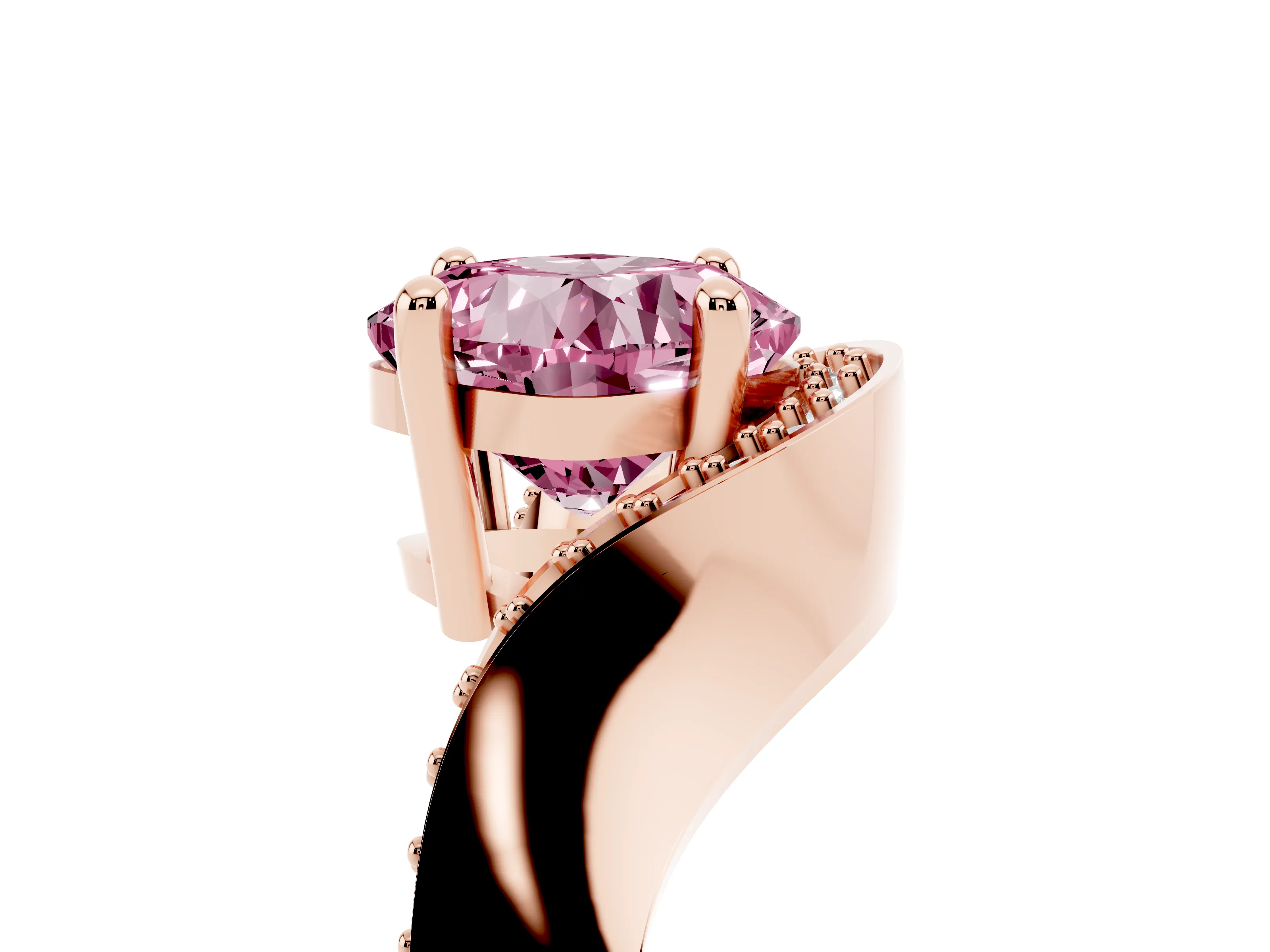 Fancy Pink Cushion Cut Diamond Solitaire Engagement Ring Set in Rose gold with Pavé Shoulders