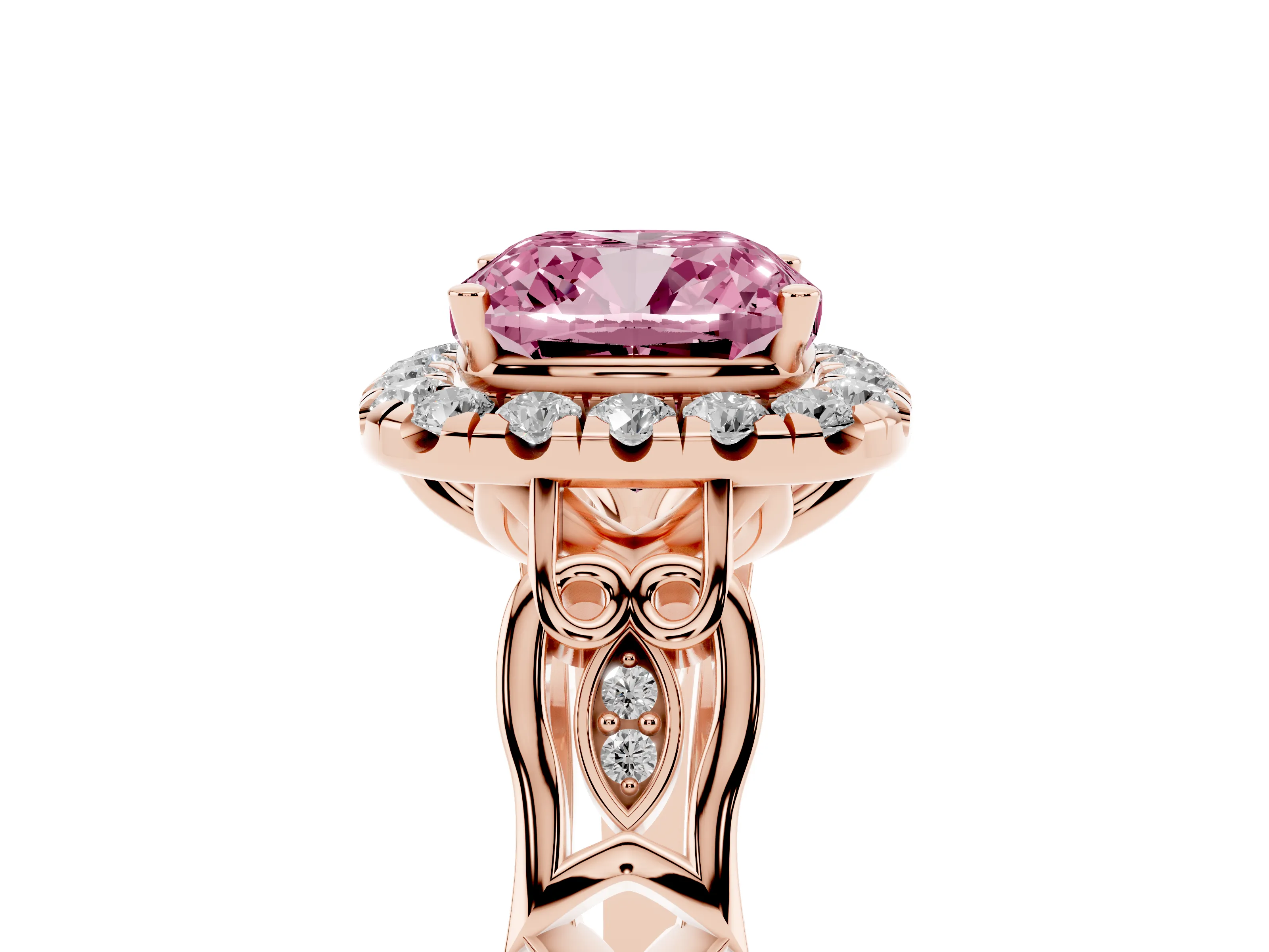 Fancy Pink Cushion Cut Diamond Halo Engagement Ring Set in Rose gold with Filigree Band and Prong-Set Center