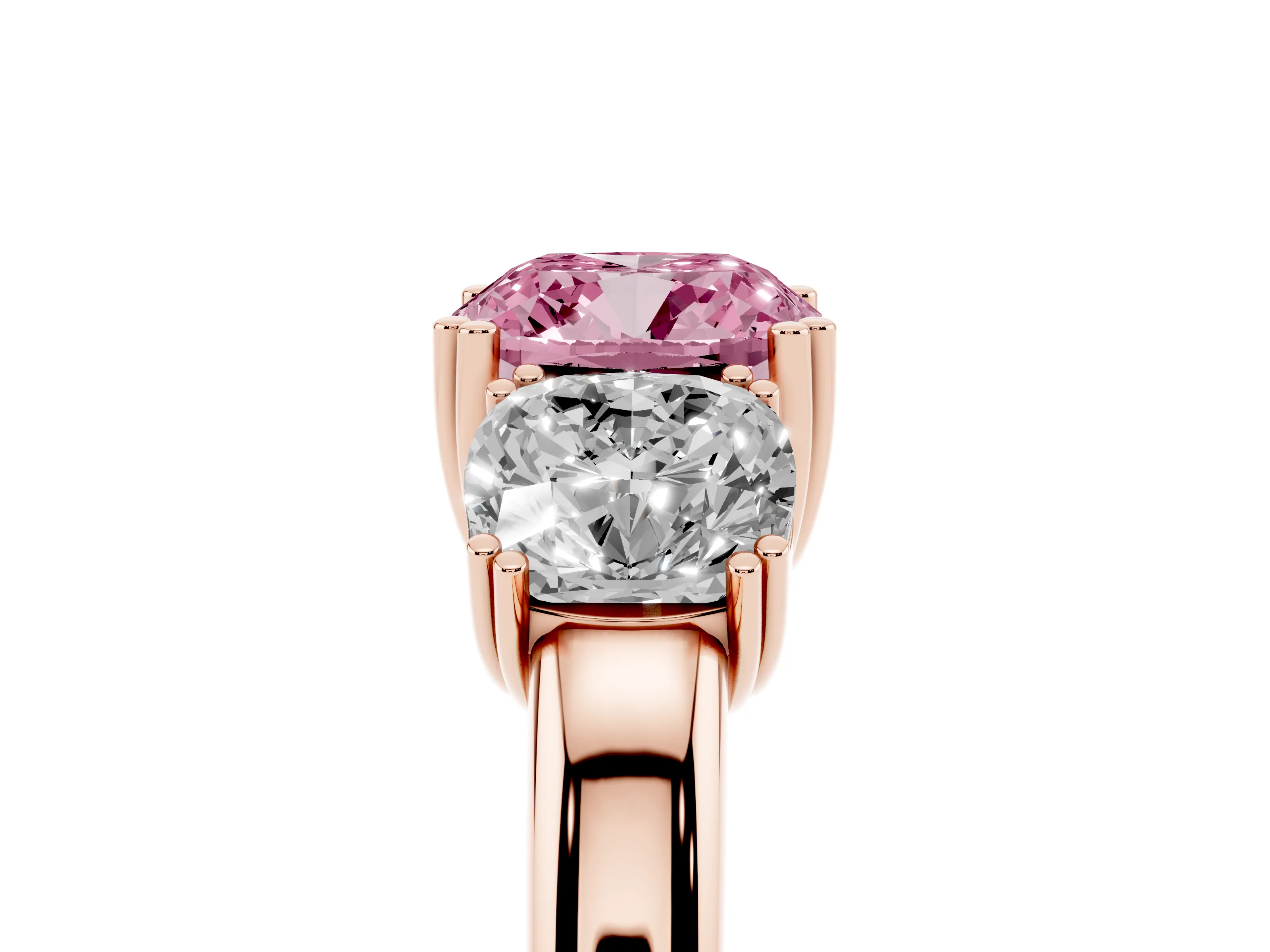 Fancy Pink Cushion Cut Diamond Three-Stone Ring Set in Rose gold with Polished Band and Prong Setting
