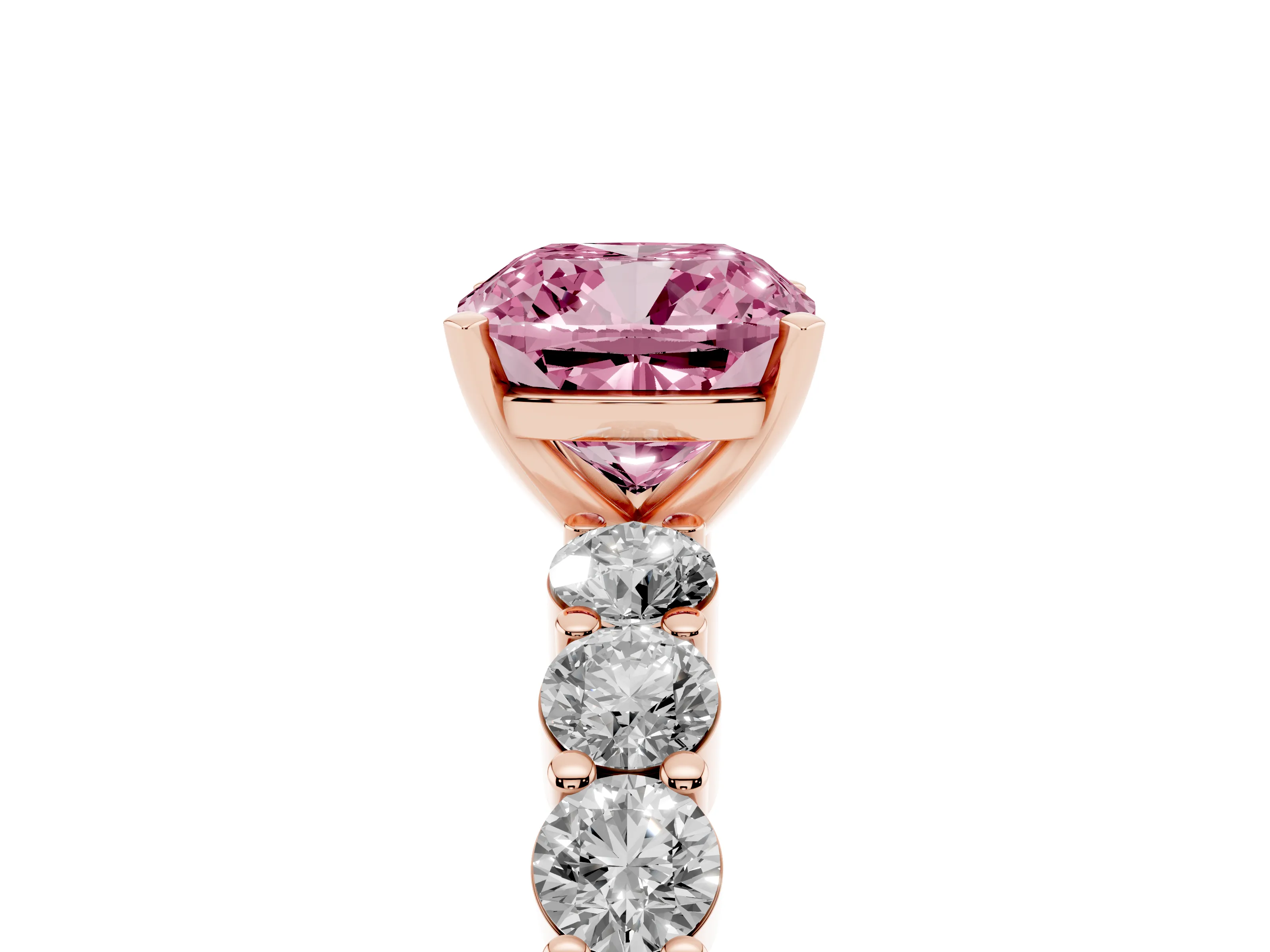 Fancy Pink Cushion Cut Diamond Solitaire Ring Set in Rose gold with Shared Prong Round Side Stones