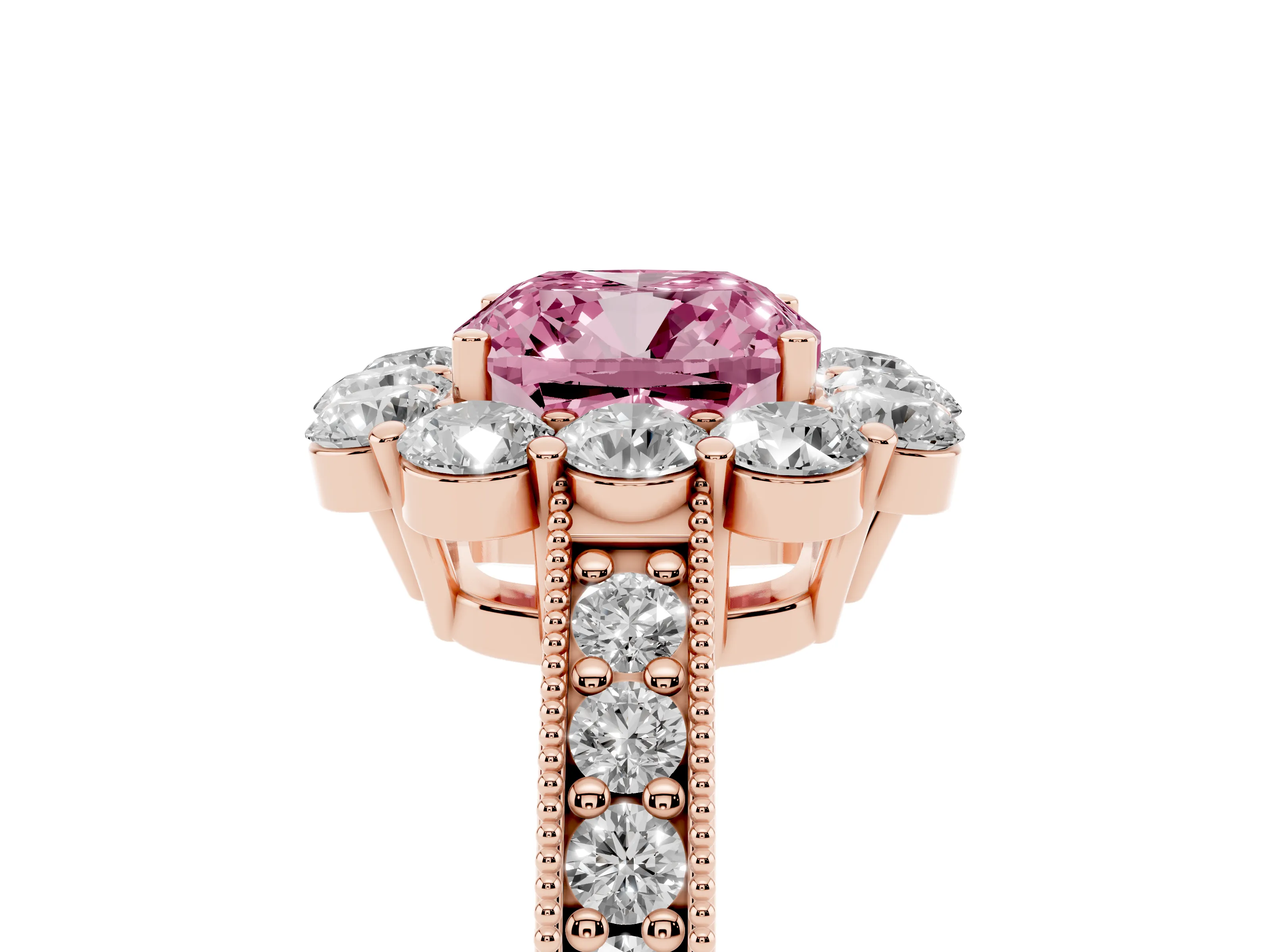 Fancy Pink Cushion Cut Diamond Halo Pavé Engagement Ring Set in Rose gold with Milgrain Detailing