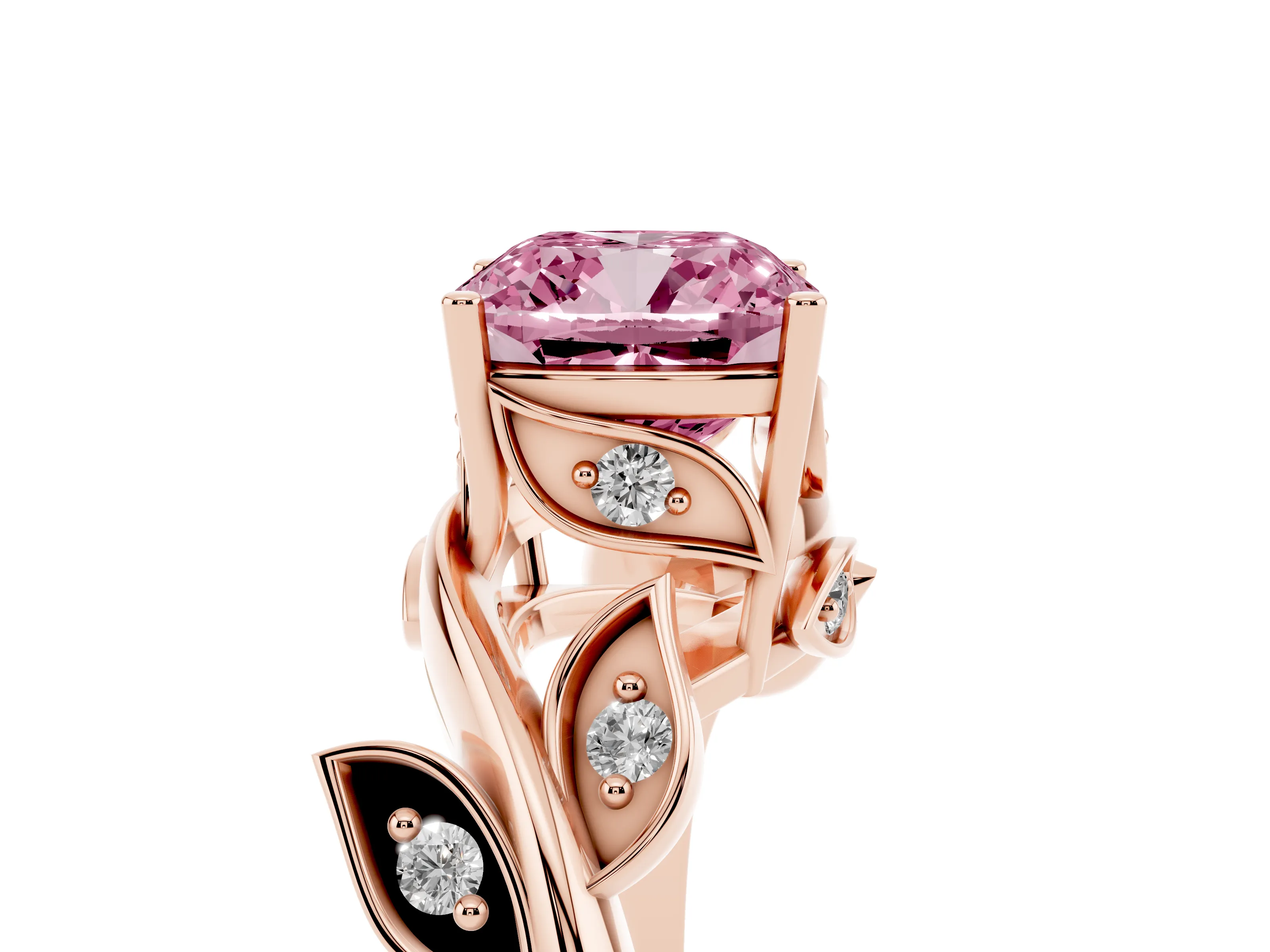 Fancy Pink Cushion Cut Diamond Solitaire Twist Engagement Ring Set in Rose gold with Pavé Leaf Accents