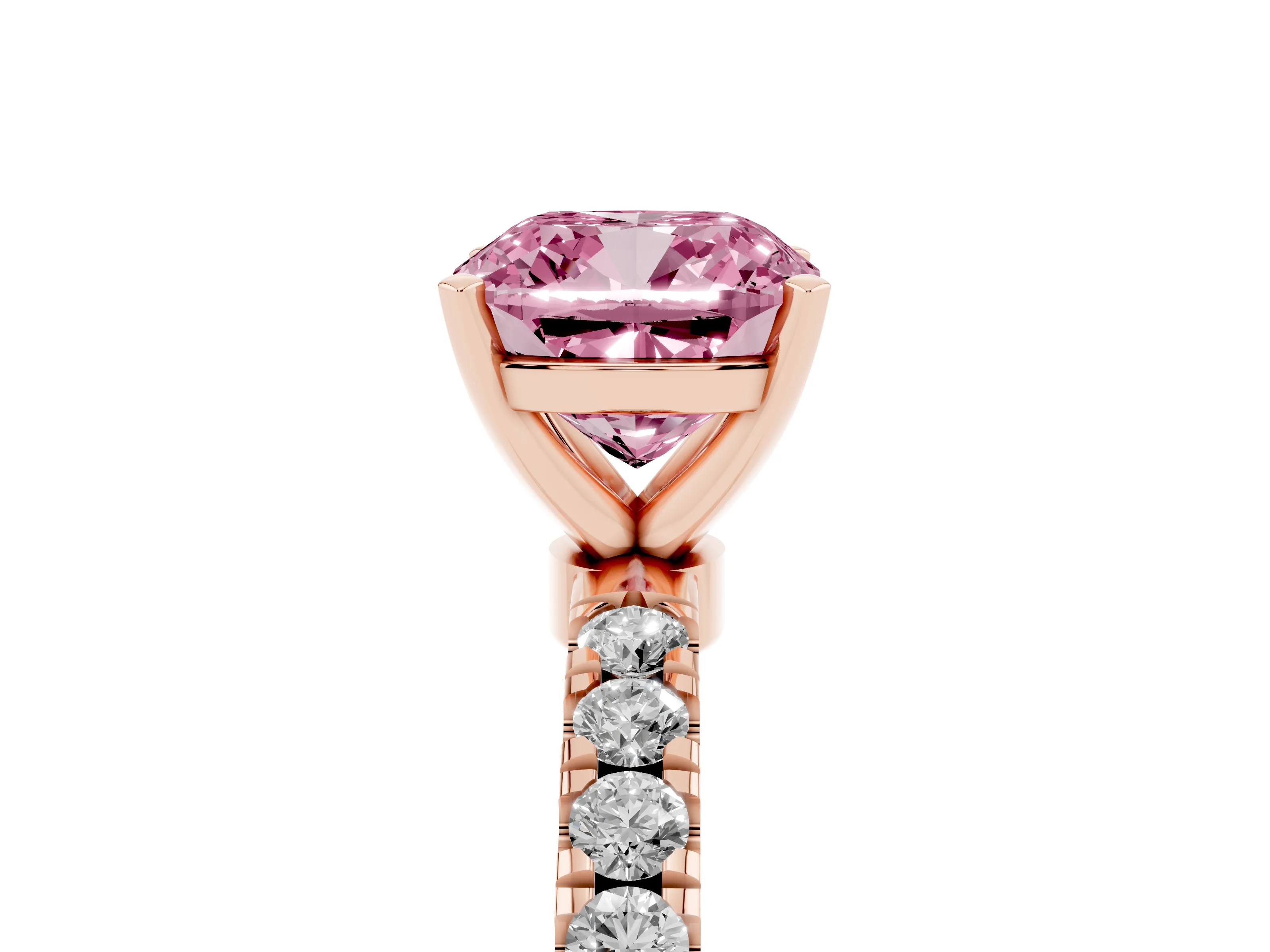 Fancy Pink Cushion Cut Diamond Solitaire Ring Set in Rose gold with Pavé Accents and Prong Setting