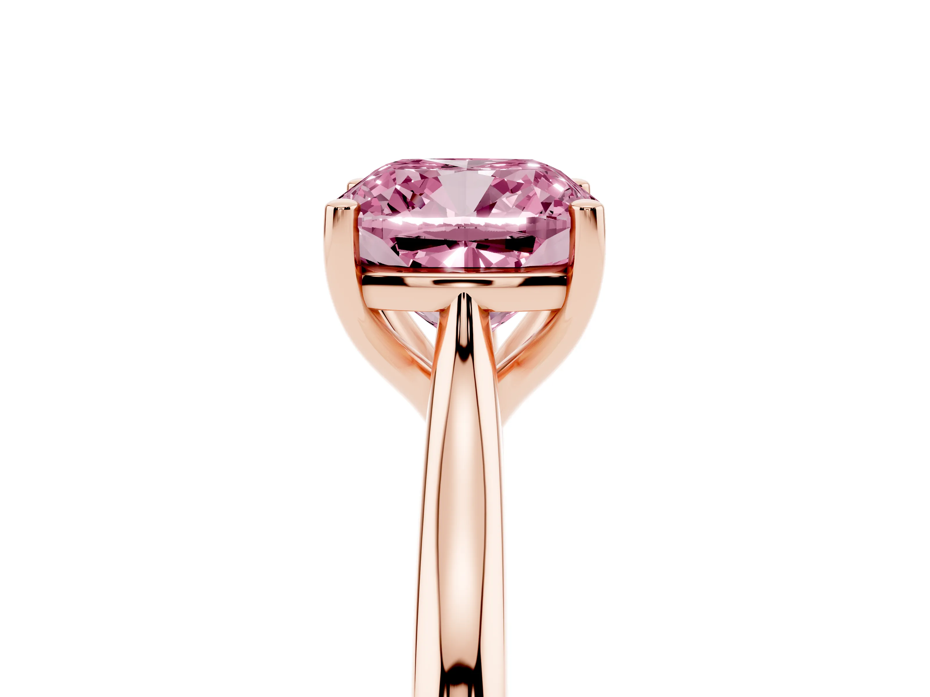 Fancy Pink Cushion Cut Diamond Solitaire Ring Set in Rose gold with Cathedral Band and Prong Setting