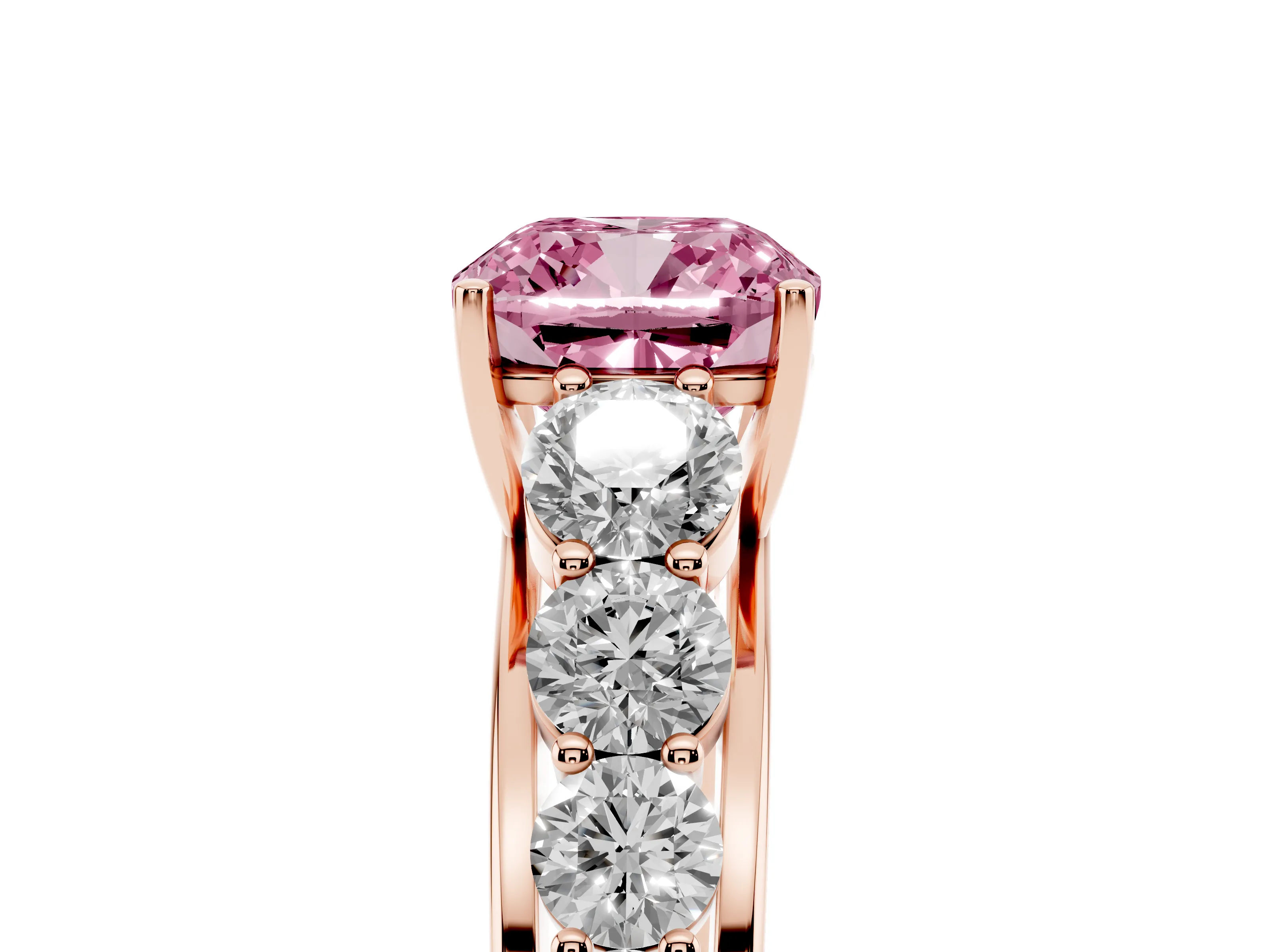 Cushion Cut Graduated Side Stone Engagement Ring Setting for a Fancy Pink Lab-Grown Diamond | Flat Top Band | Rose Gold