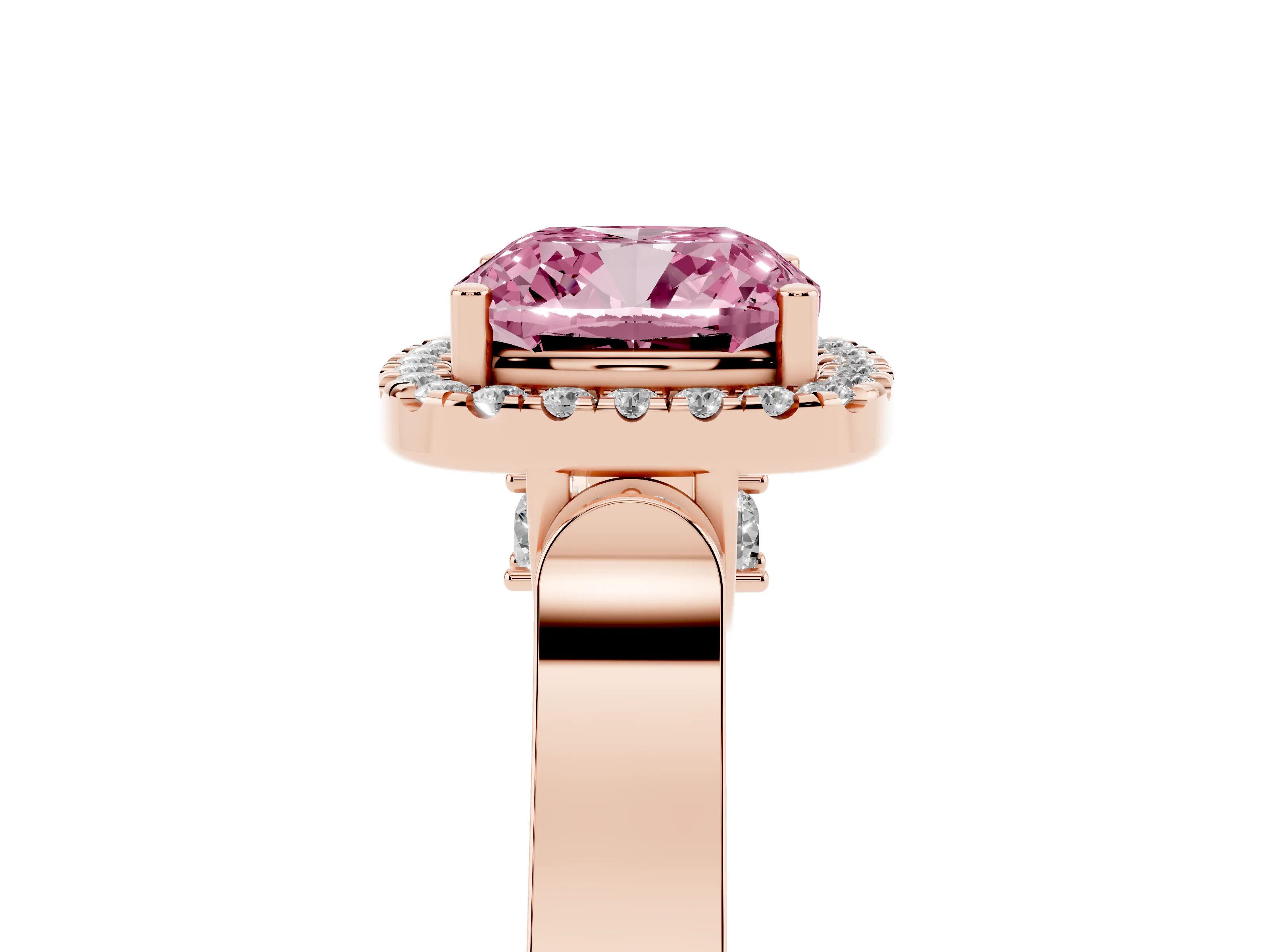 Fancy Pink Cushion Cut Diamond Halo Ring Set in Rose gold with Pavé-Lined Split Shank Band