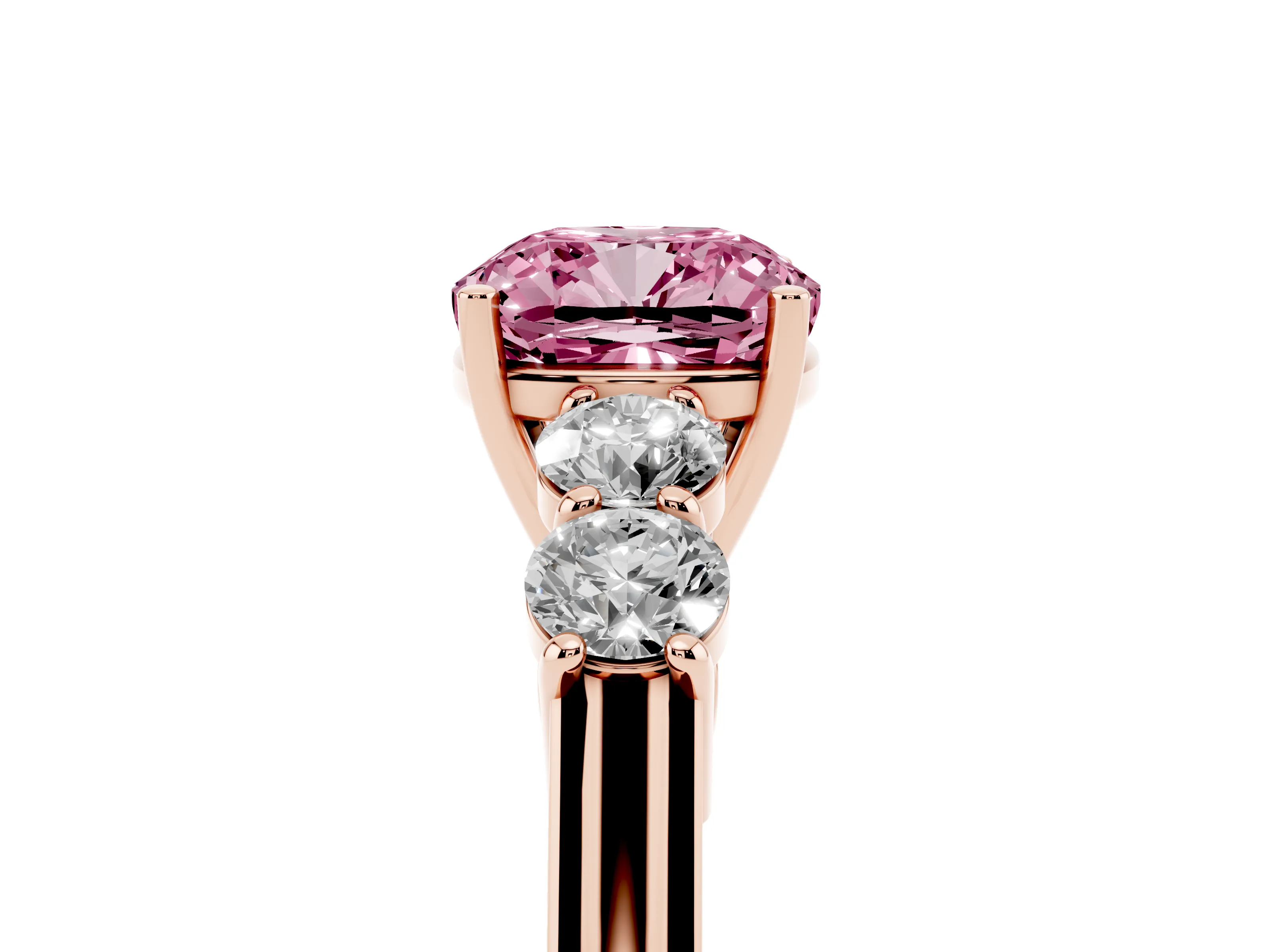 Fancy Pink Cushion Cut Diamond Five-Stone Prong Set Band Ring Set in Rose gold with Polished Band