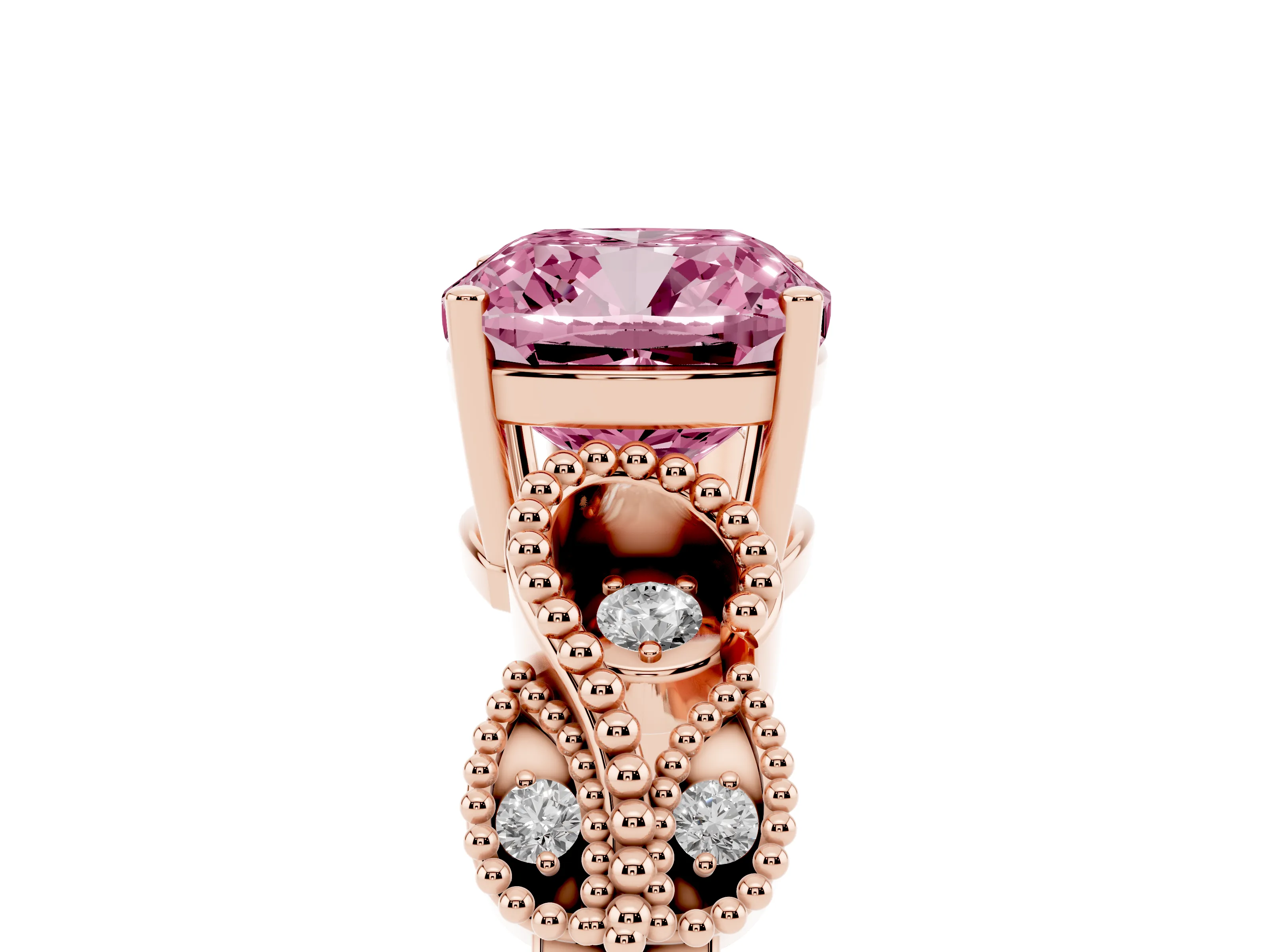 Fancy Pink Cushion Cut Diamond Milgrain Leaf Band Solitaire Ring Set in Rose gold with Accent Stones and Prong Setting