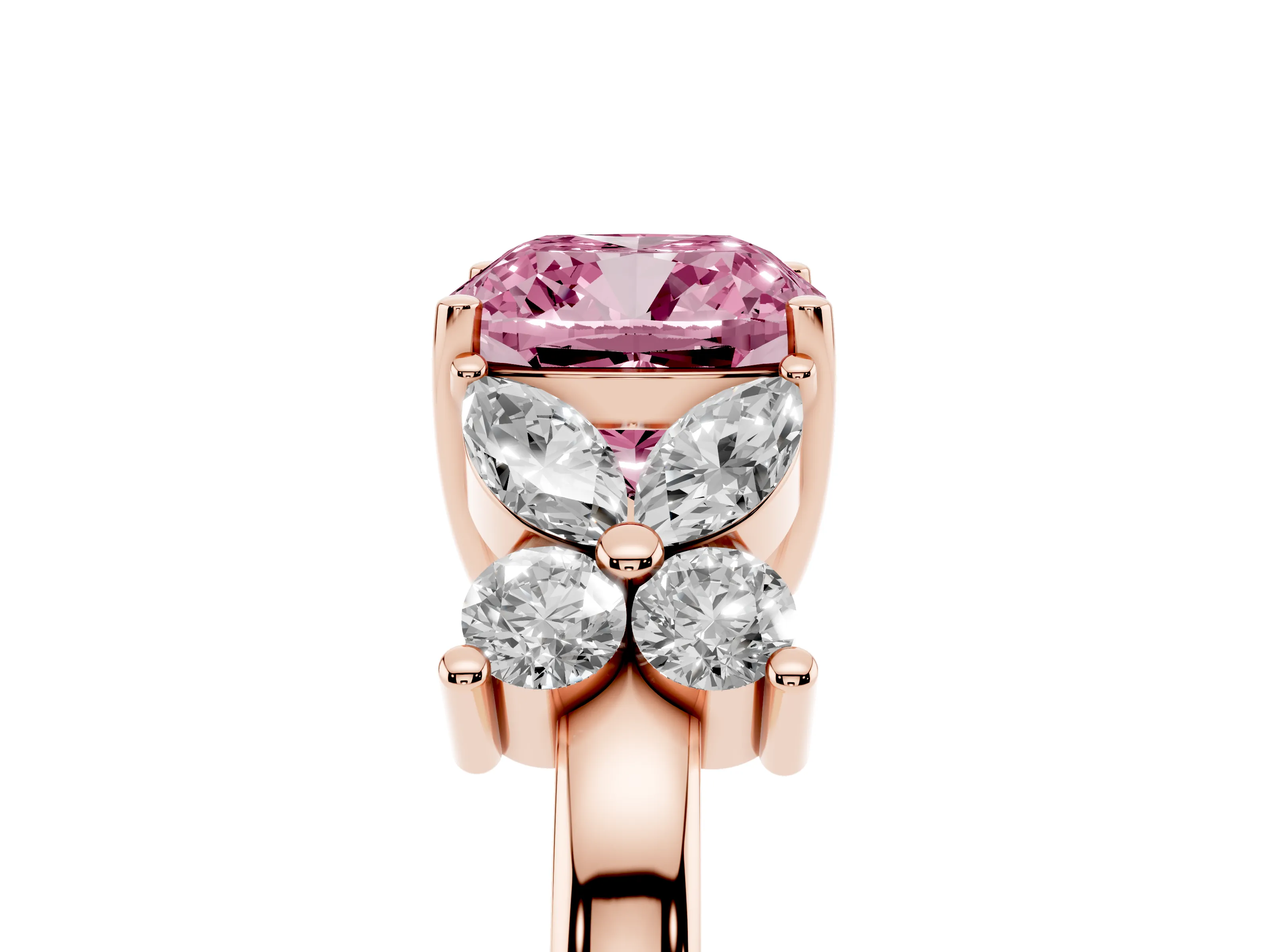 Fancy Pink Cushion Cut Diamond Floral Cluster Ring Set in Rose gold with Marquise Petals and Prong Setting
