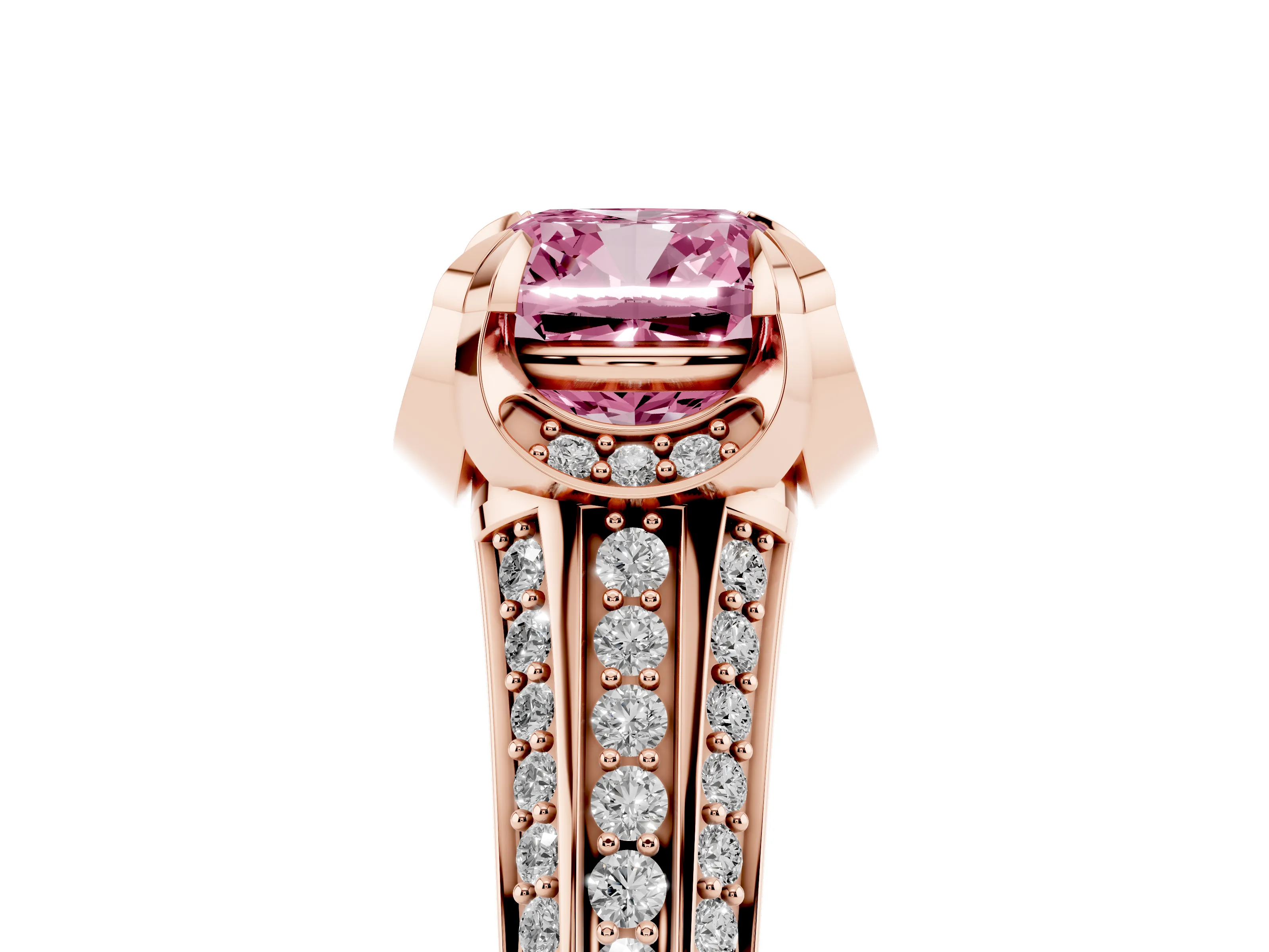 Fancy Pink Cushion Cut Diamond Pavé Split Shank Solitaire Ring Set in Rose gold with Prong Setting