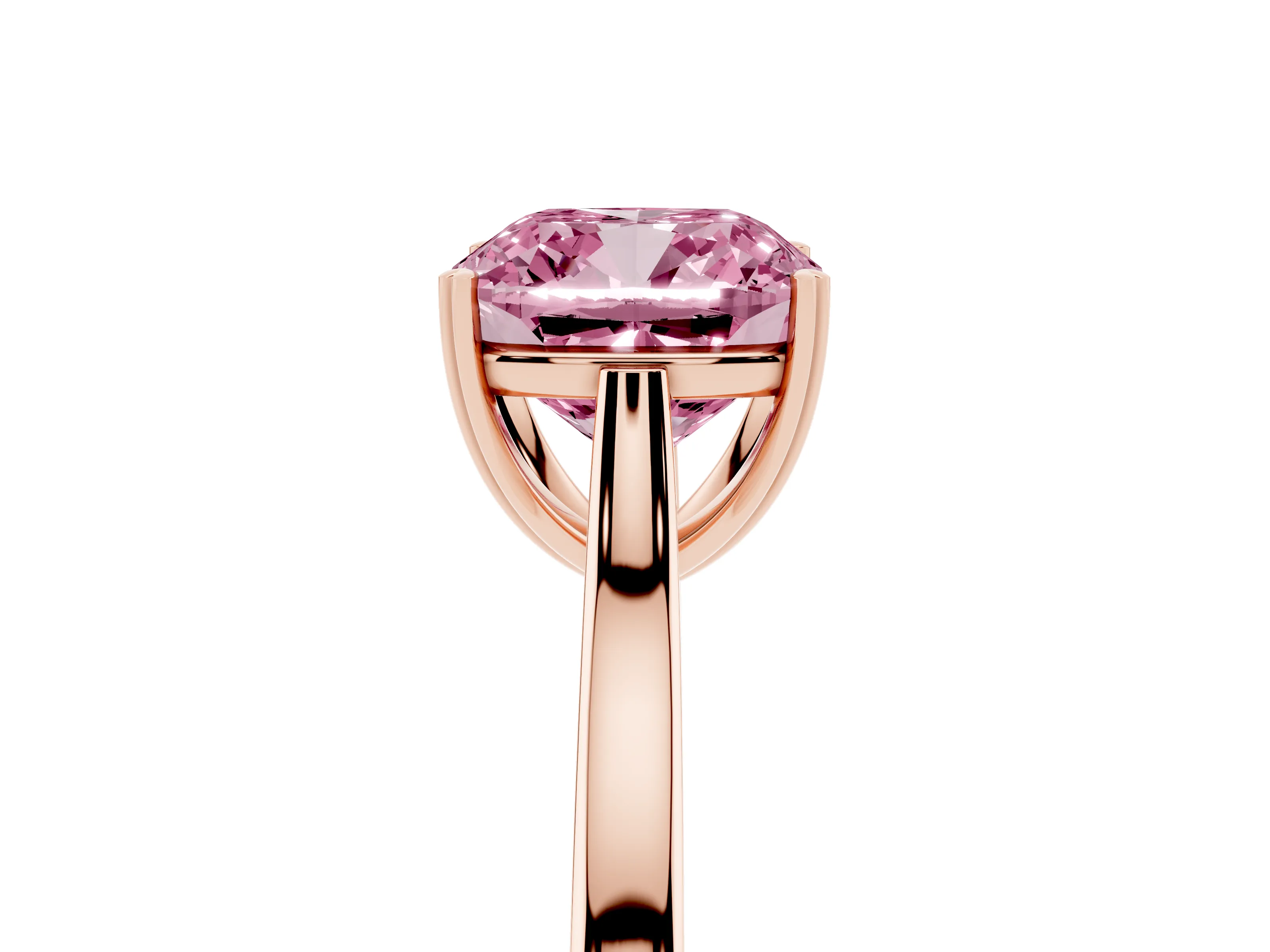 Fancy Pink Cushion Cut Diamond Solitaire Heart Prong Engagement Ring Set in Rose gold with Tapered Band
