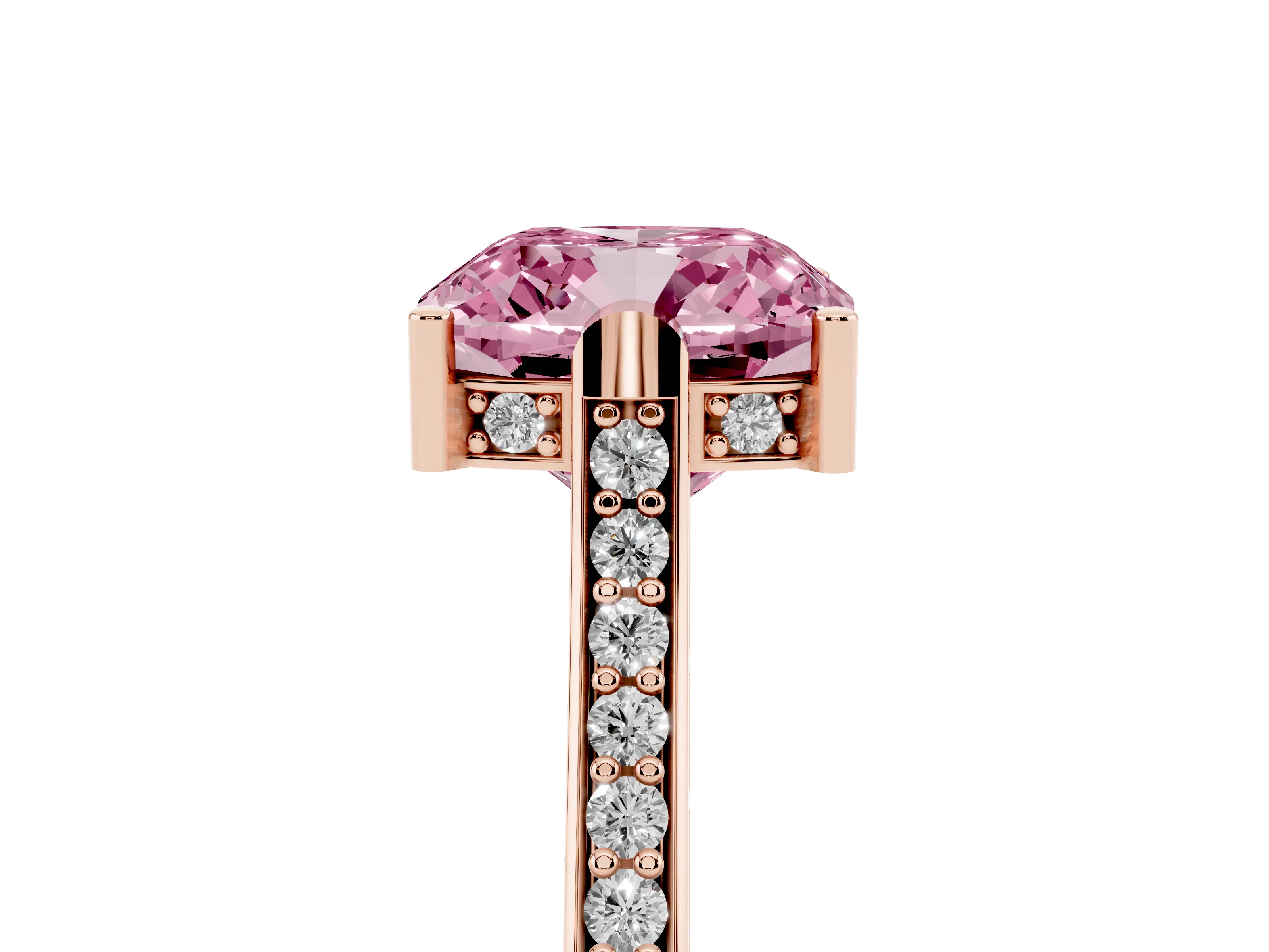 Fancy Pink Cushion Cut Diamond Solitaire Ring Set in Rose gold with Channel Set Band and Bezel Prong Setting