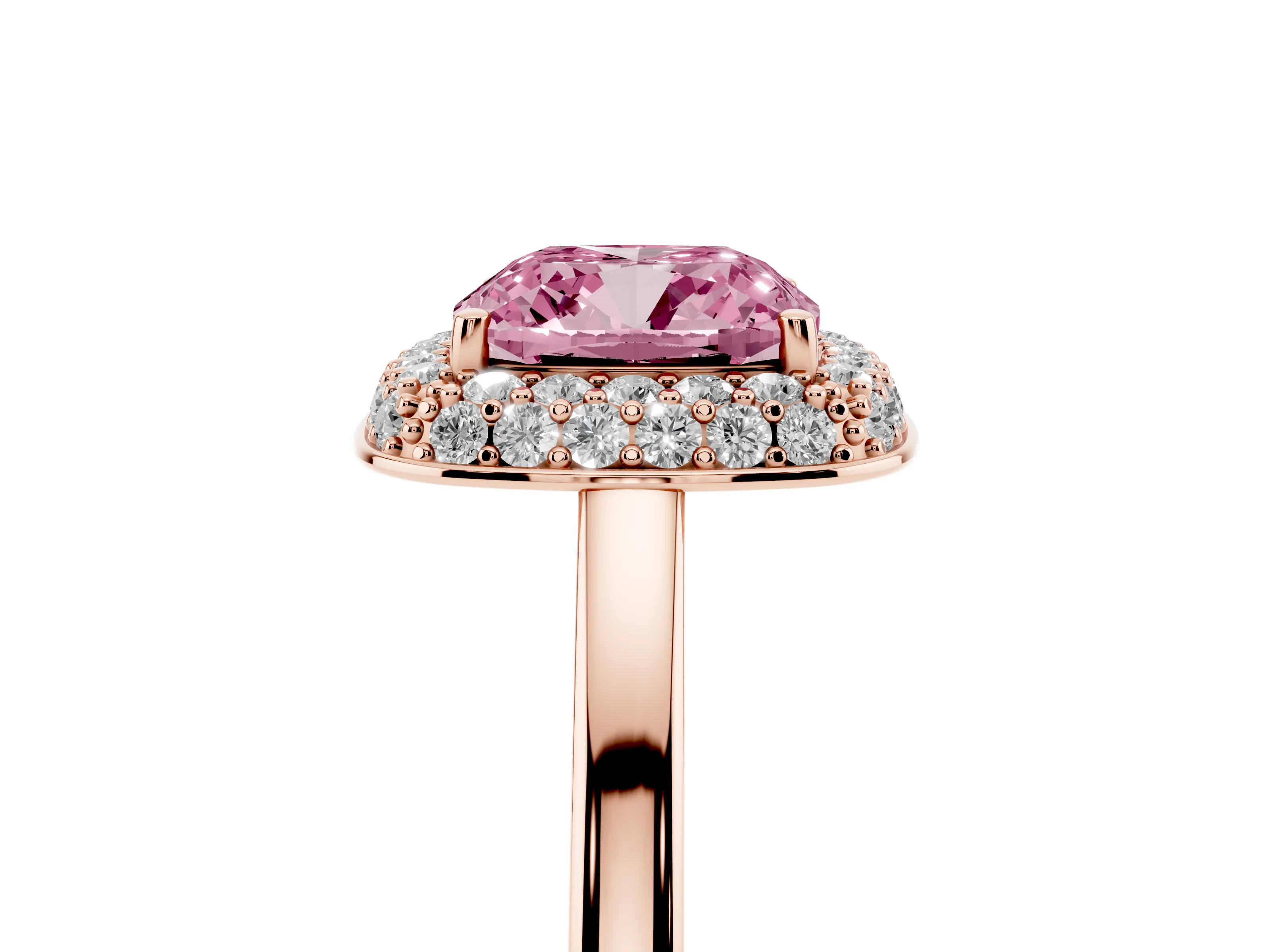 Fancy Pink Cushion Cut Diamond Halo Engagement Ring Set in Rose gold with Solitaire Band and Prong Setting