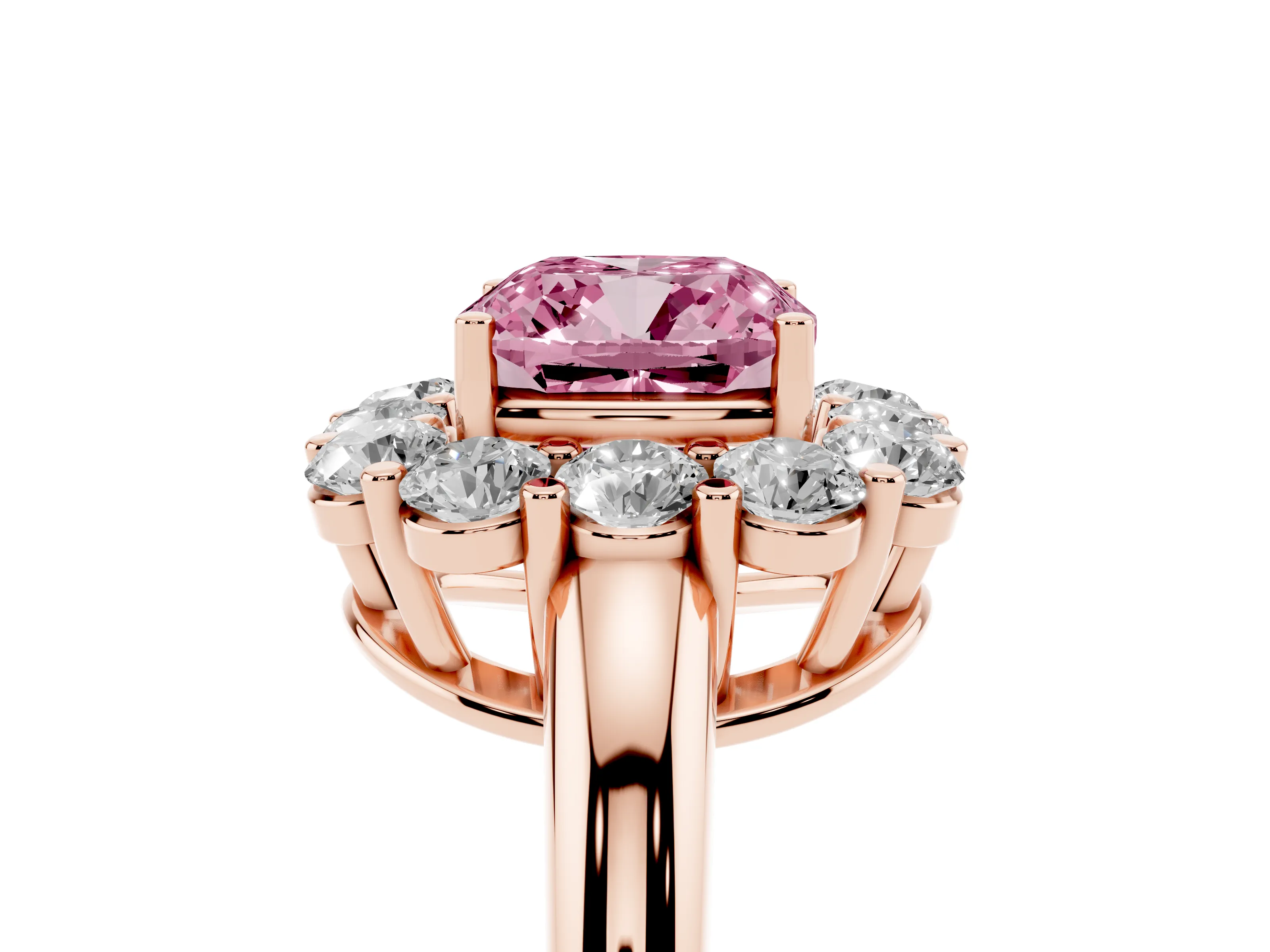Fancy Pink Cushion Cut Diamond Halo Cluster Engagement Ring Set in Rose gold with Polished Band and Prong Setting