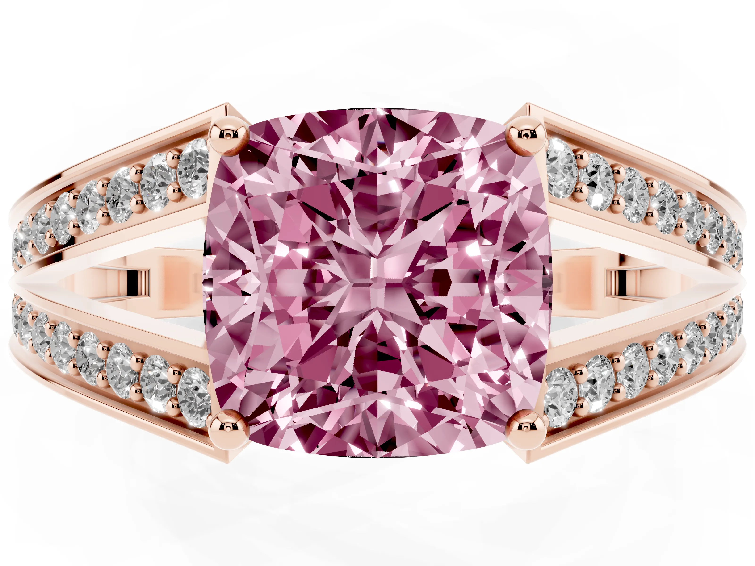 Fancy Pink Cushion Cut Diamond Split Shank Ring Set in Rose gold with Pavé Band and Prong Setting