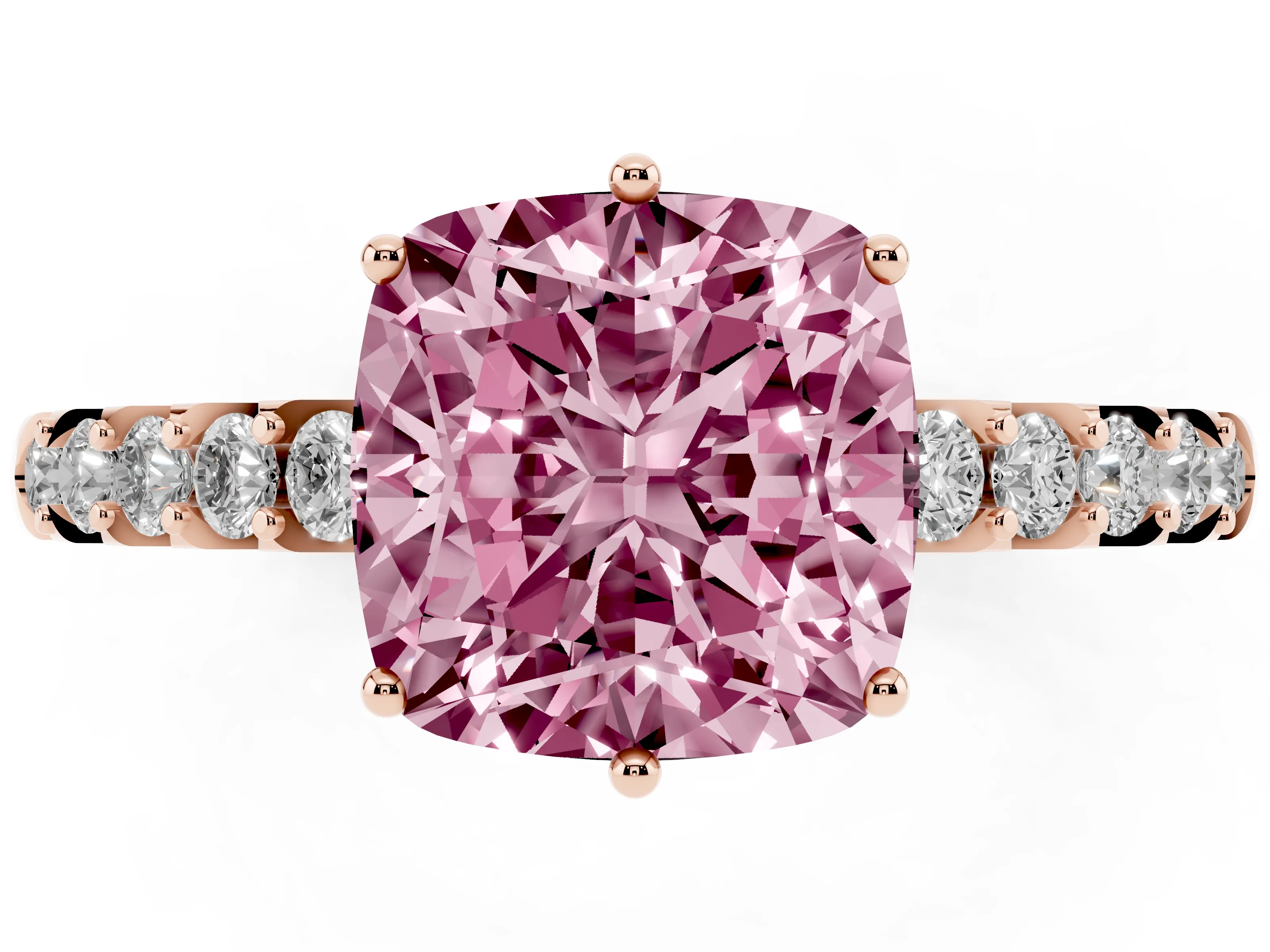 Fancy Pink Cushion Cut Diamond Solitaire Engagement Ring Set in Rose gold with Pavé Band and Prong Setting