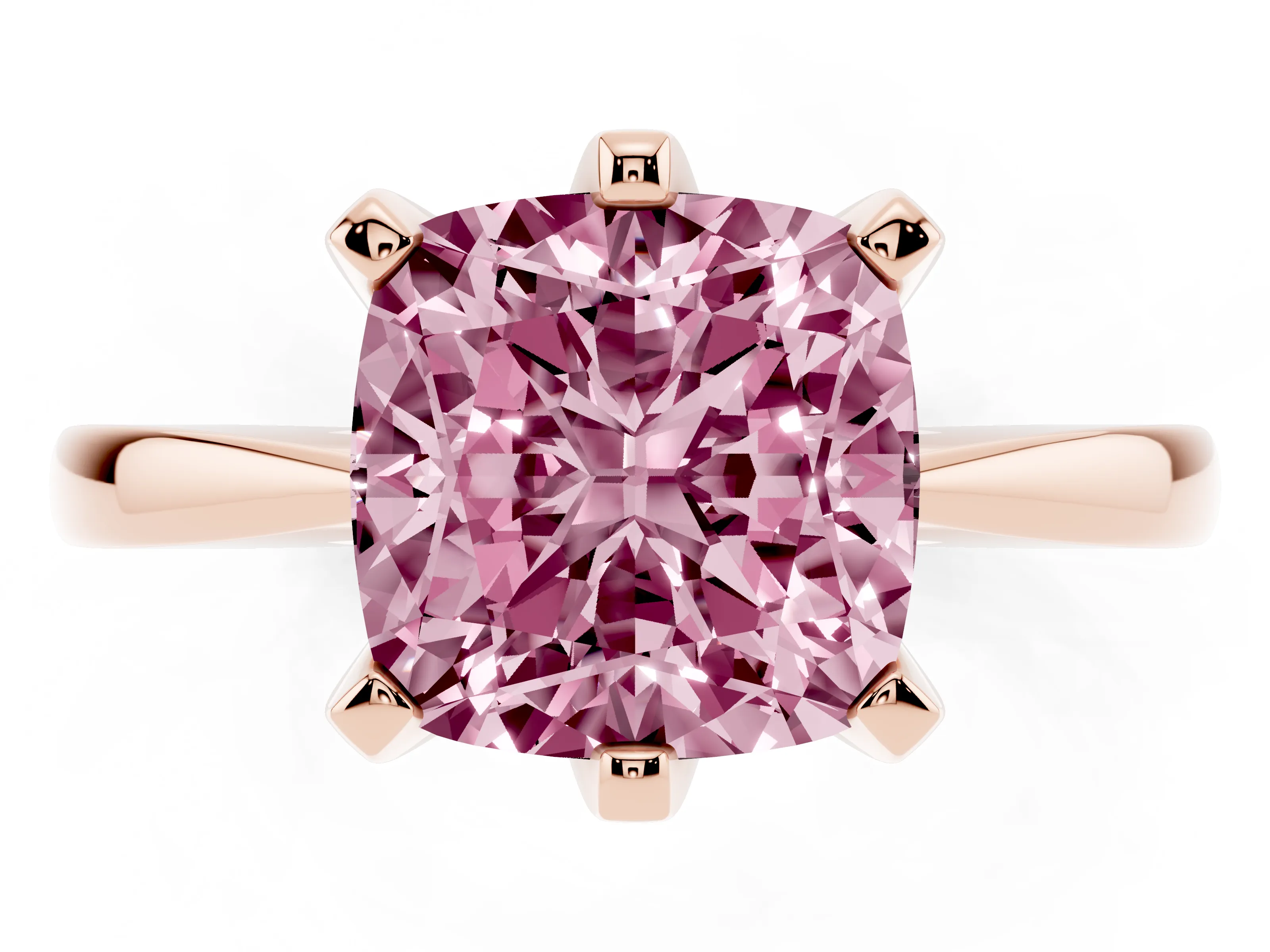 Fancy Pink Cushion Cut Diamond Solitaire Engagement Ring Set in Rose gold with Slim Tapered Solitaire Band