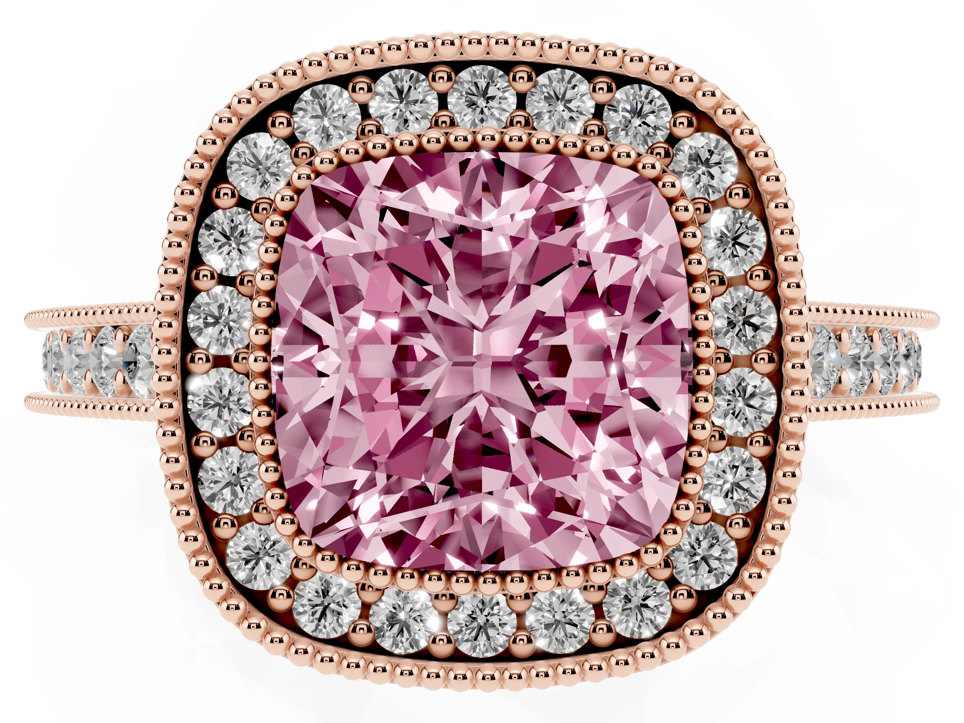 Fancy Pink Cushion Cut Diamond Halo Milgrain Pavé Band Ring Set in Rose gold with Prong Setting