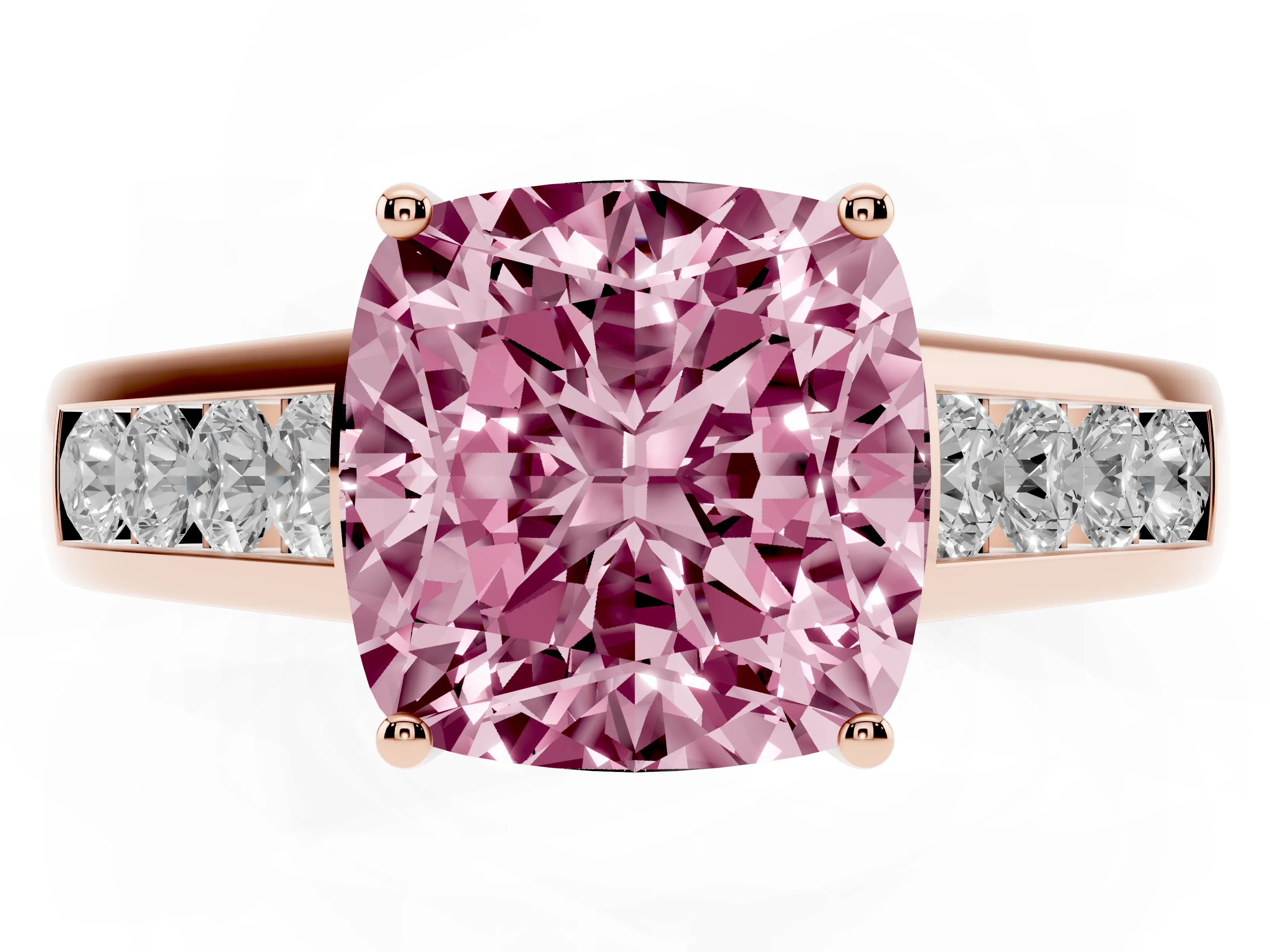 Fancy Pink Cushion Cut Diamond Brilliant Channel-Set Solitaire Ring Set in Rose gold with Prong Setting