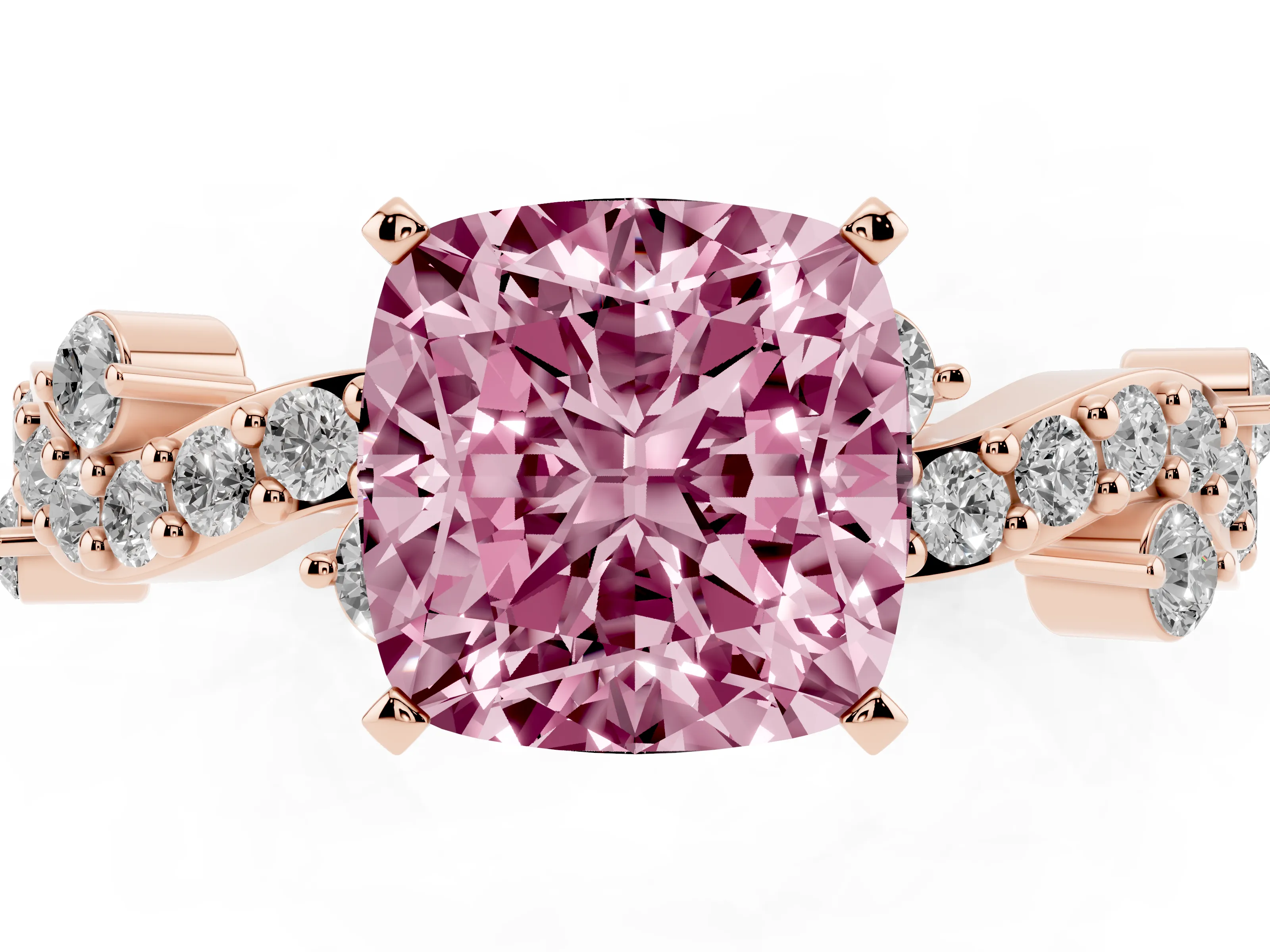 Fancy Pink Cushion Cut Diamond Solitaire Twisted Band Set in Rose gold with Pavé Setting