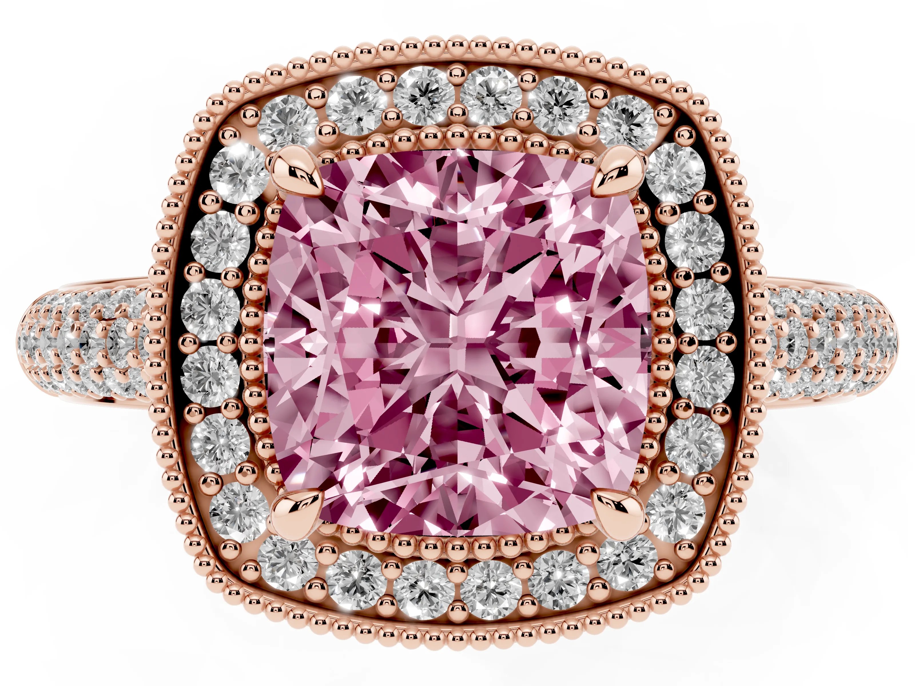 Fancy Pink Cushion Cut Diamond Halo Pavé Band Set in Rose gold with Prong Setting