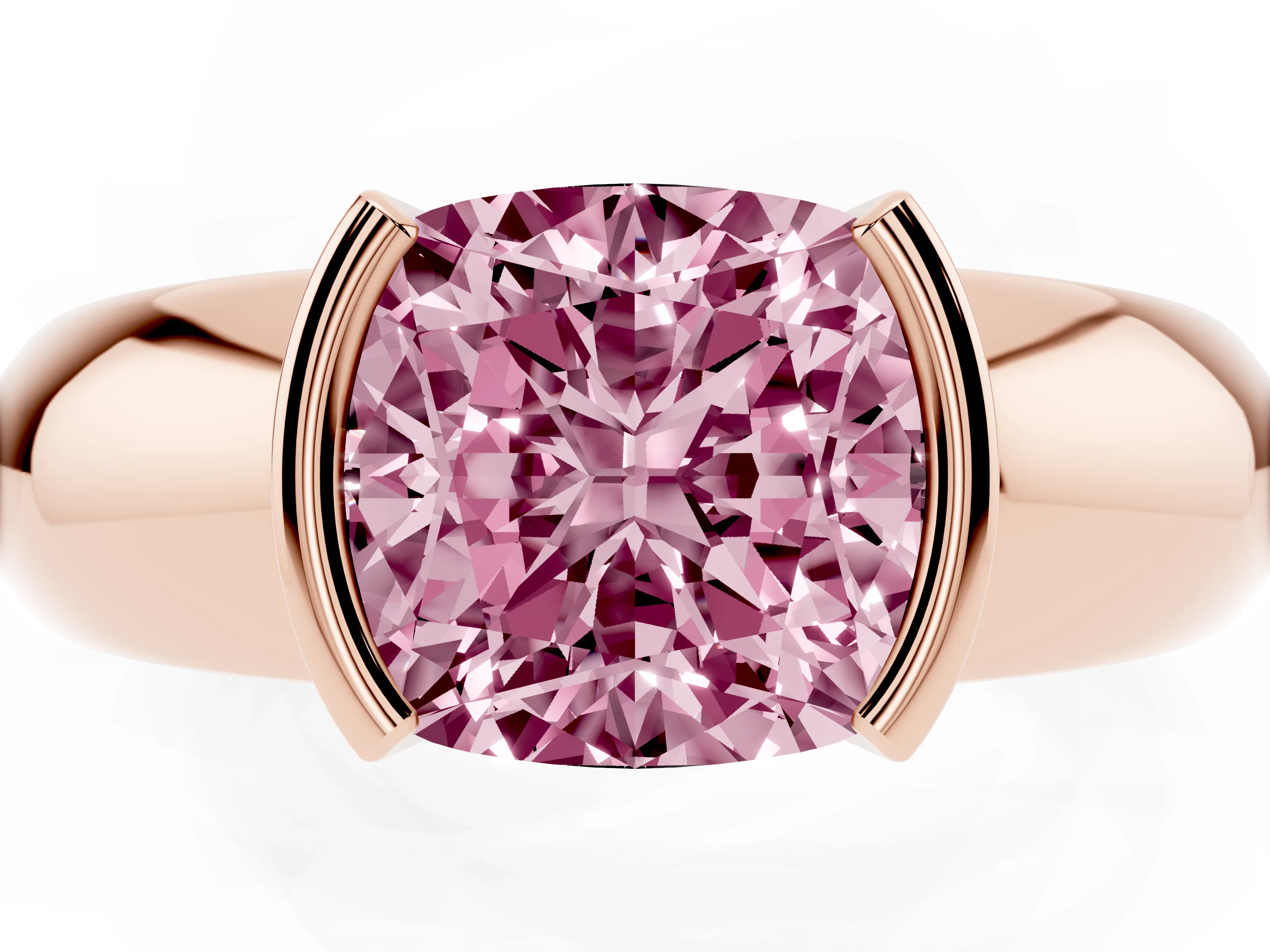 Fancy Pink Cushion Cut Diamond Solitaire Tension Set Ring Set in Rose gold with Wide Band