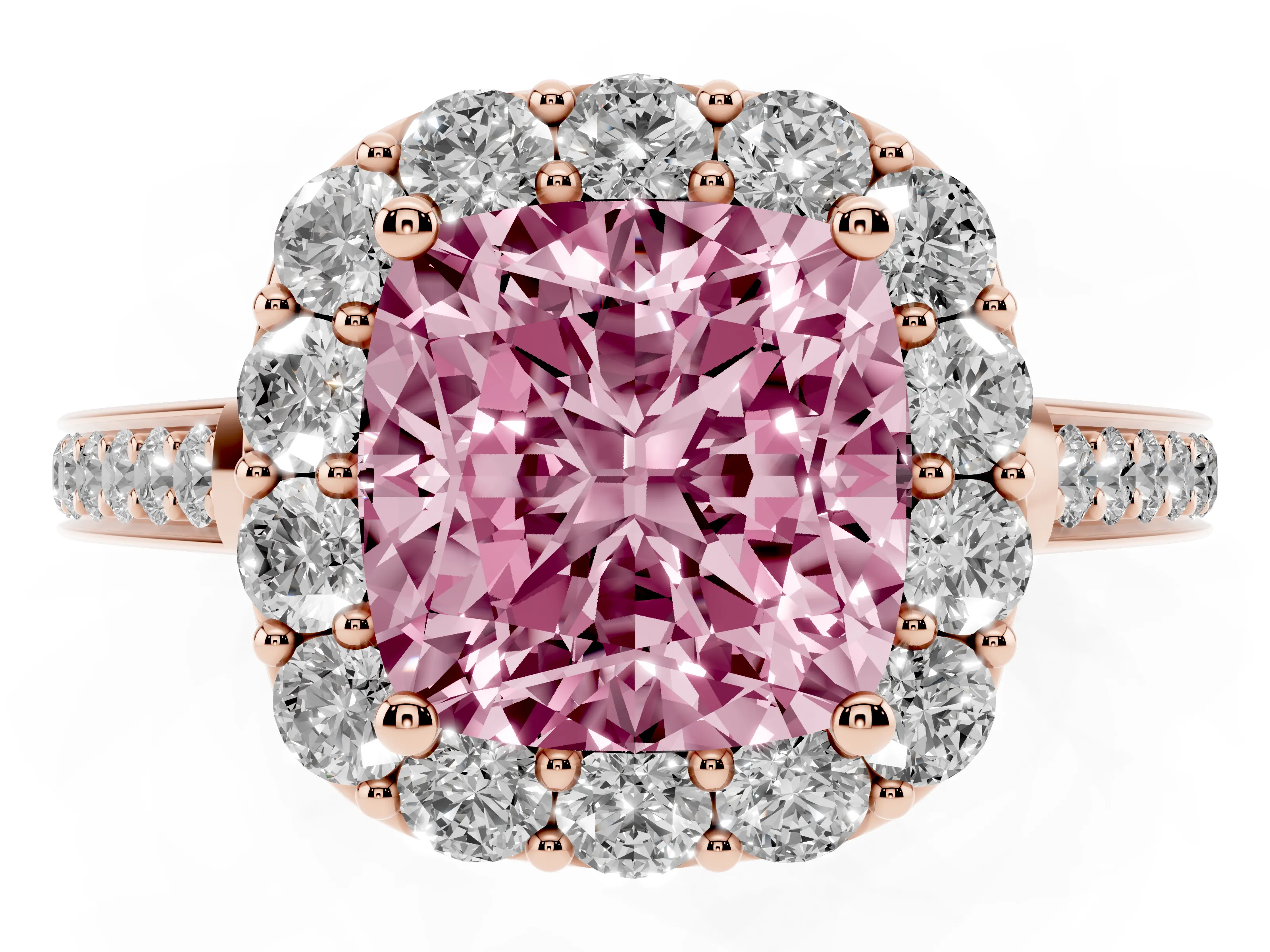 Fancy Pink Cushion Cut Diamond Floral Halo Ring Set in Rose gold with Pavé Band and Prong Setting