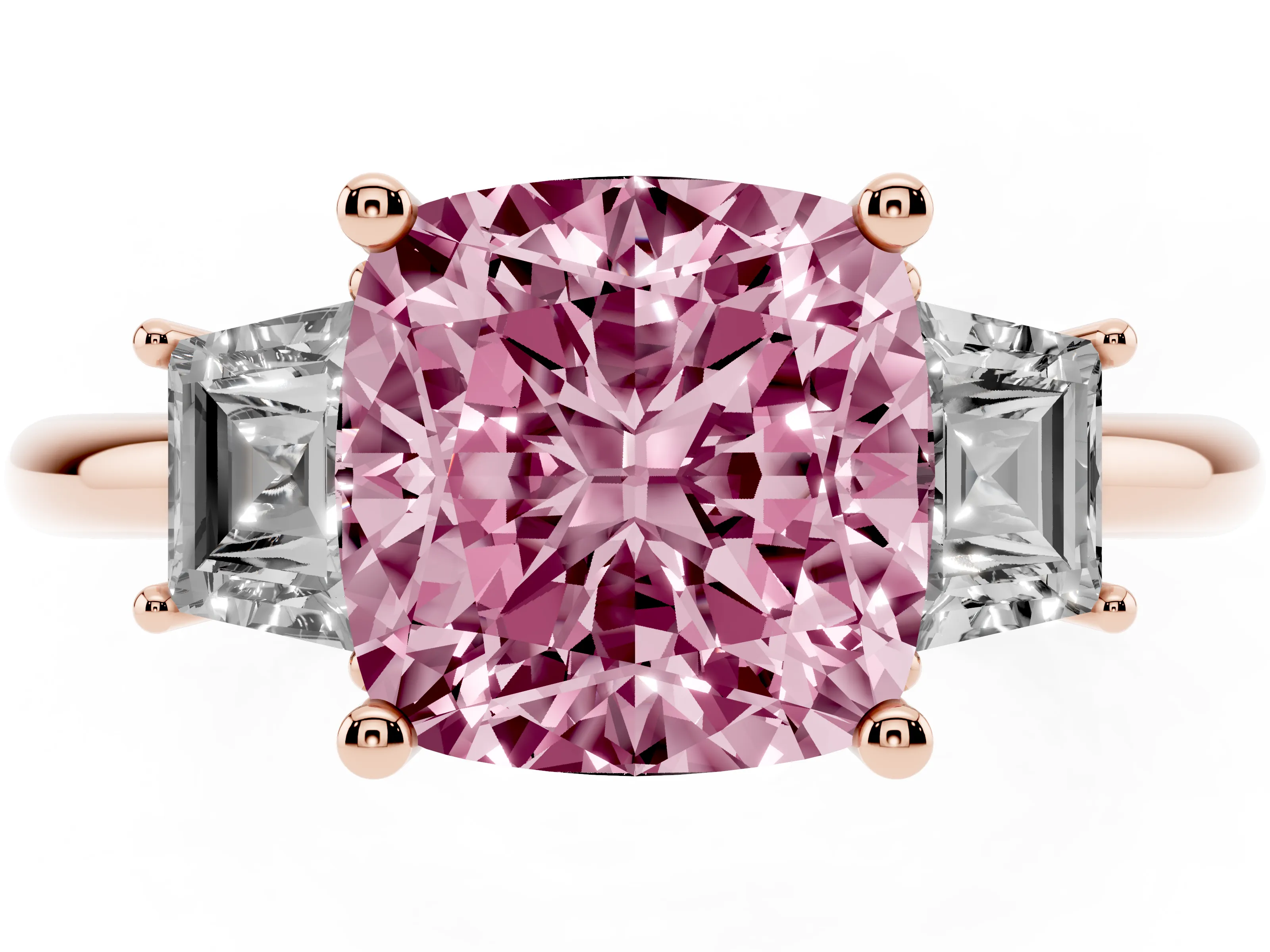 Fancy Pink Cushion Cut Diamond Three-Stone Ring Set in Rose gold with Trapezoid Side Stones and Prong Setting